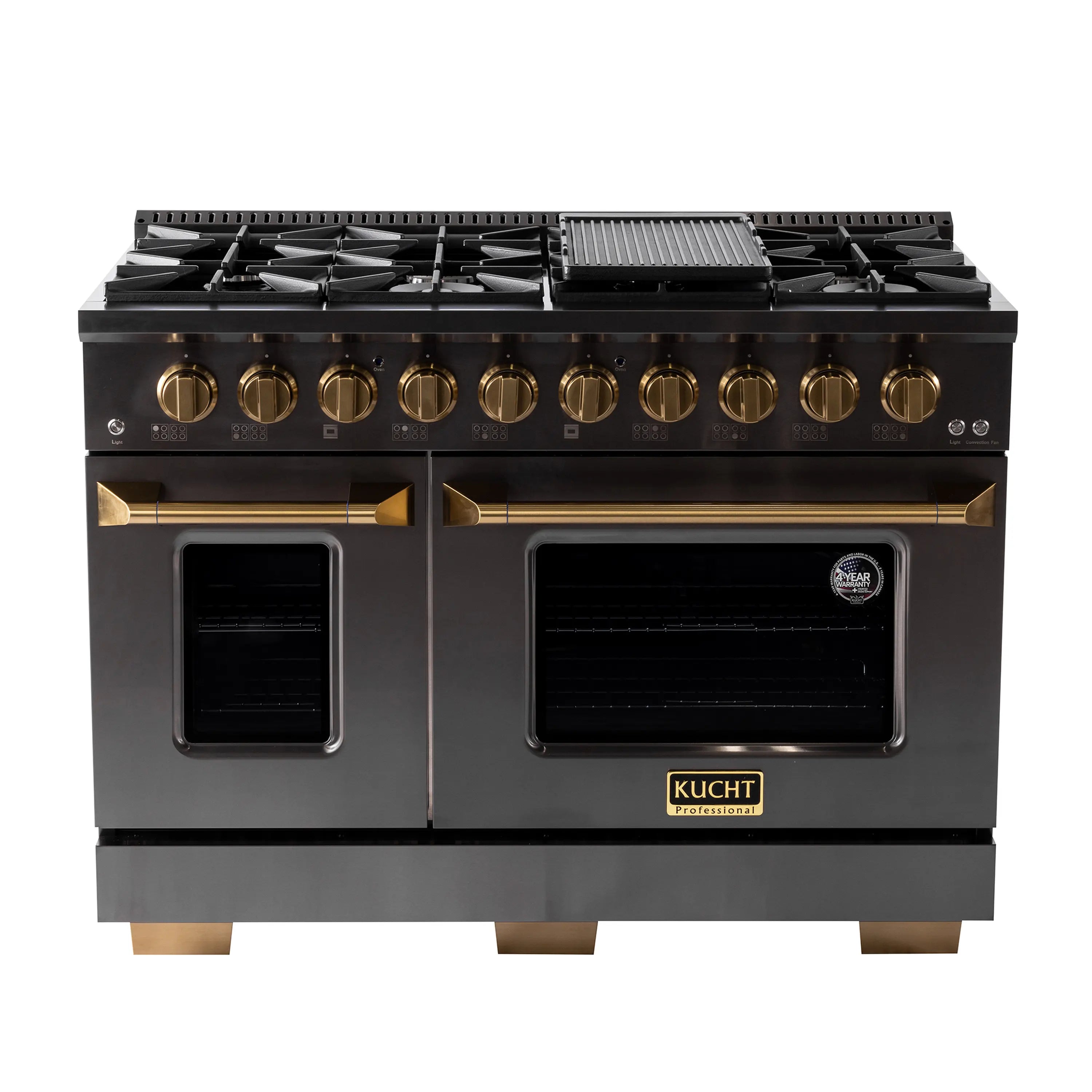 Gas range front view with brass knobs, sealed burners, and two oven doors