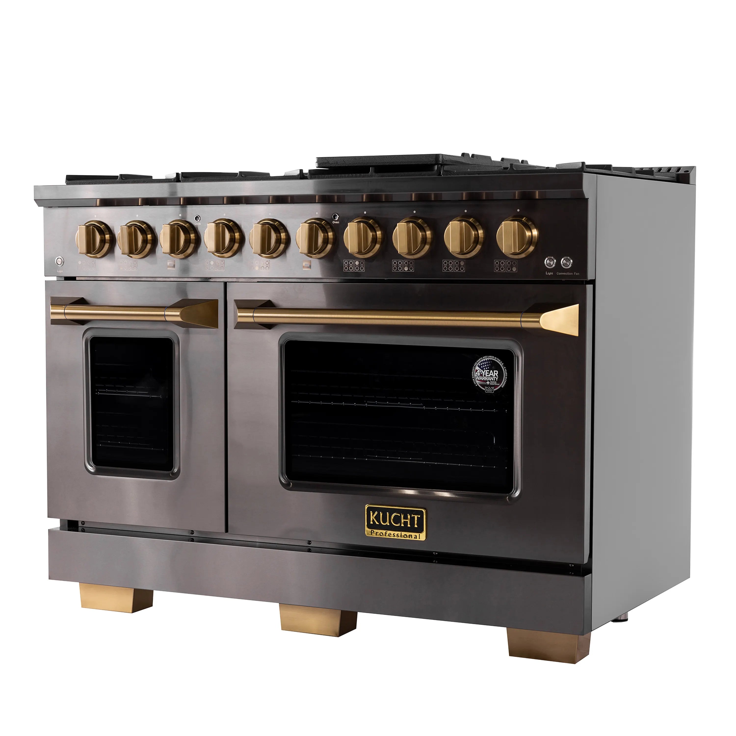Titanium stainless steel dual fuel range with KUCHT badge, gold knobs, and two oven doors