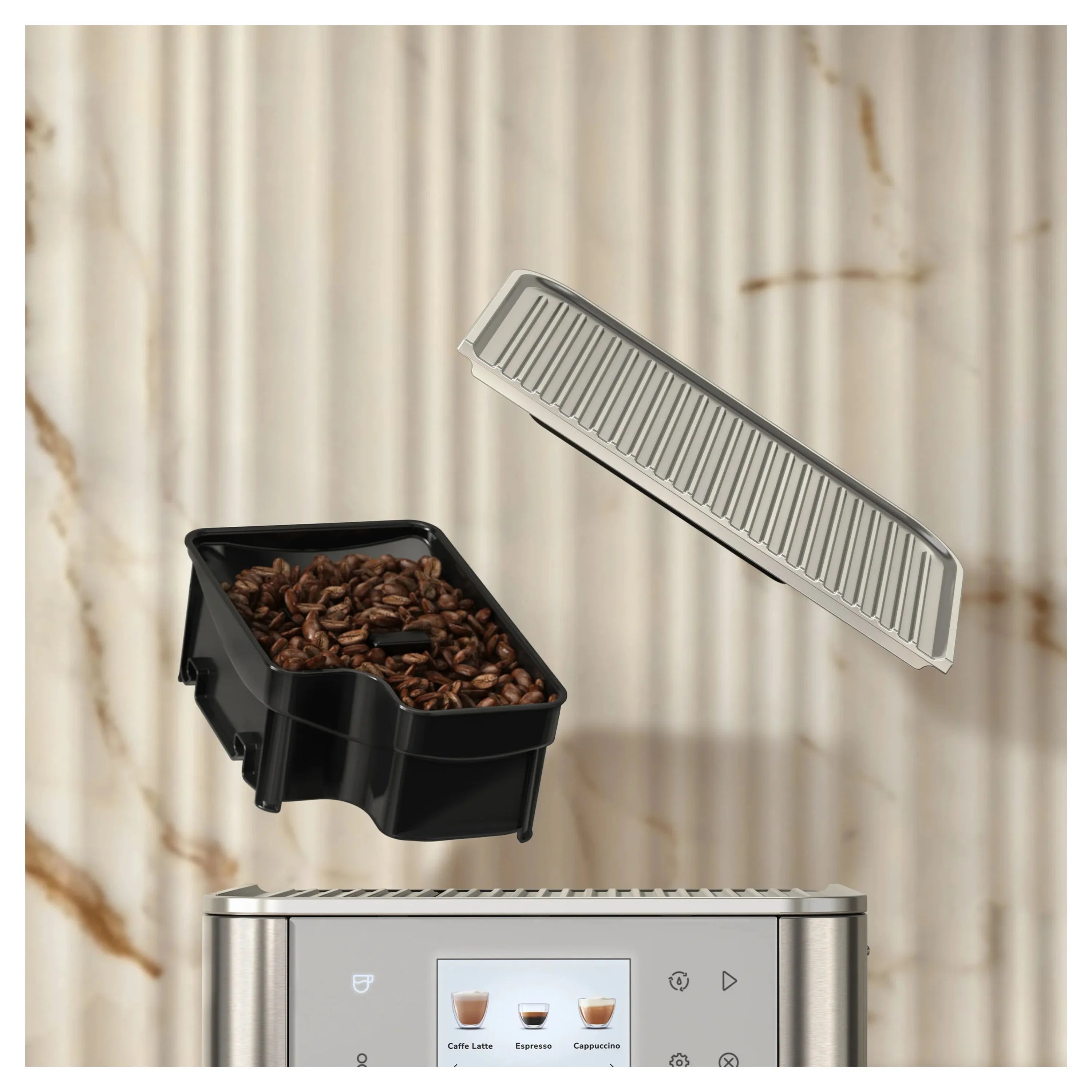 Fully automatic espresso machine bean hopper opening with coffee outlet cover