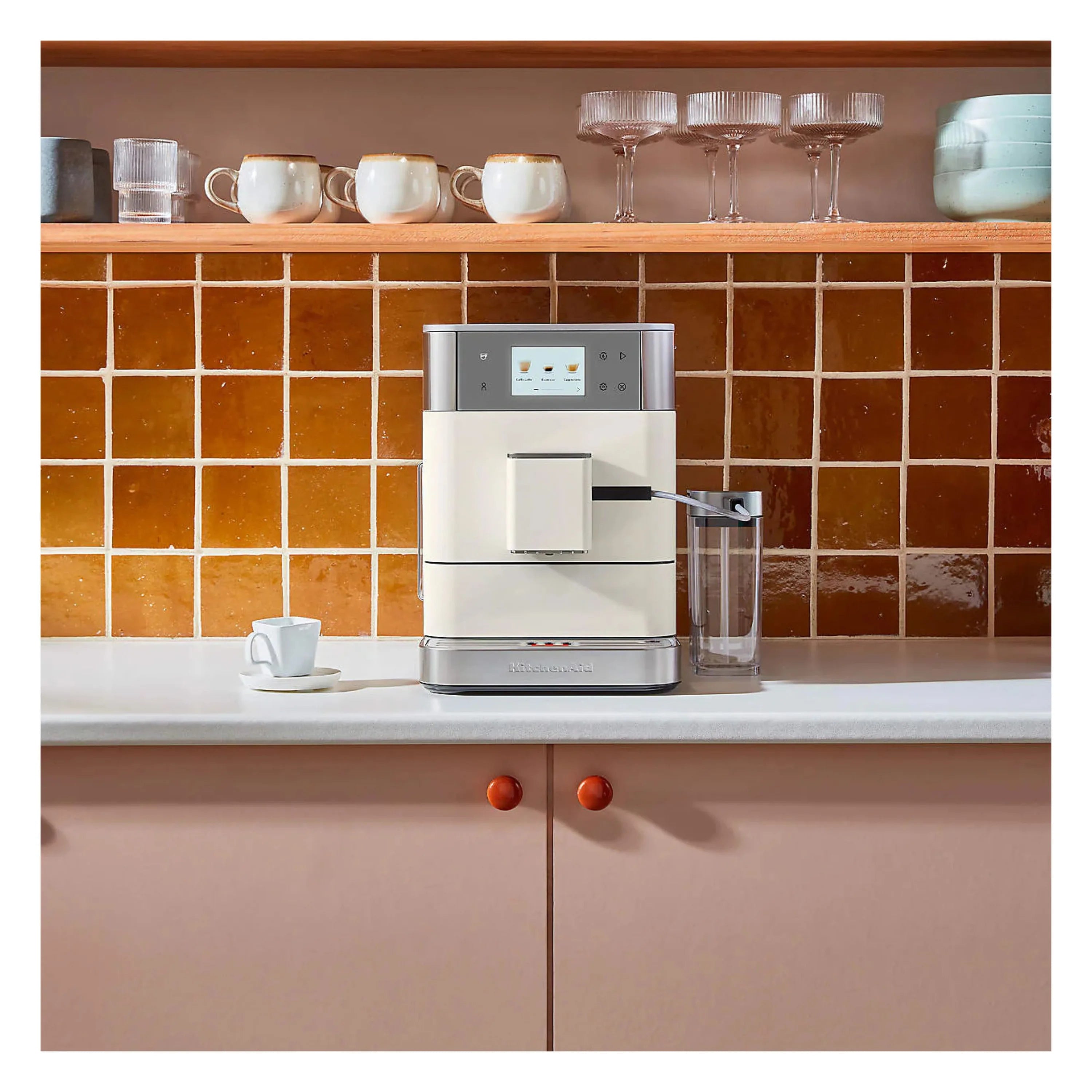 Porcelain white espresso machine with built-in dispenser and glass milk container