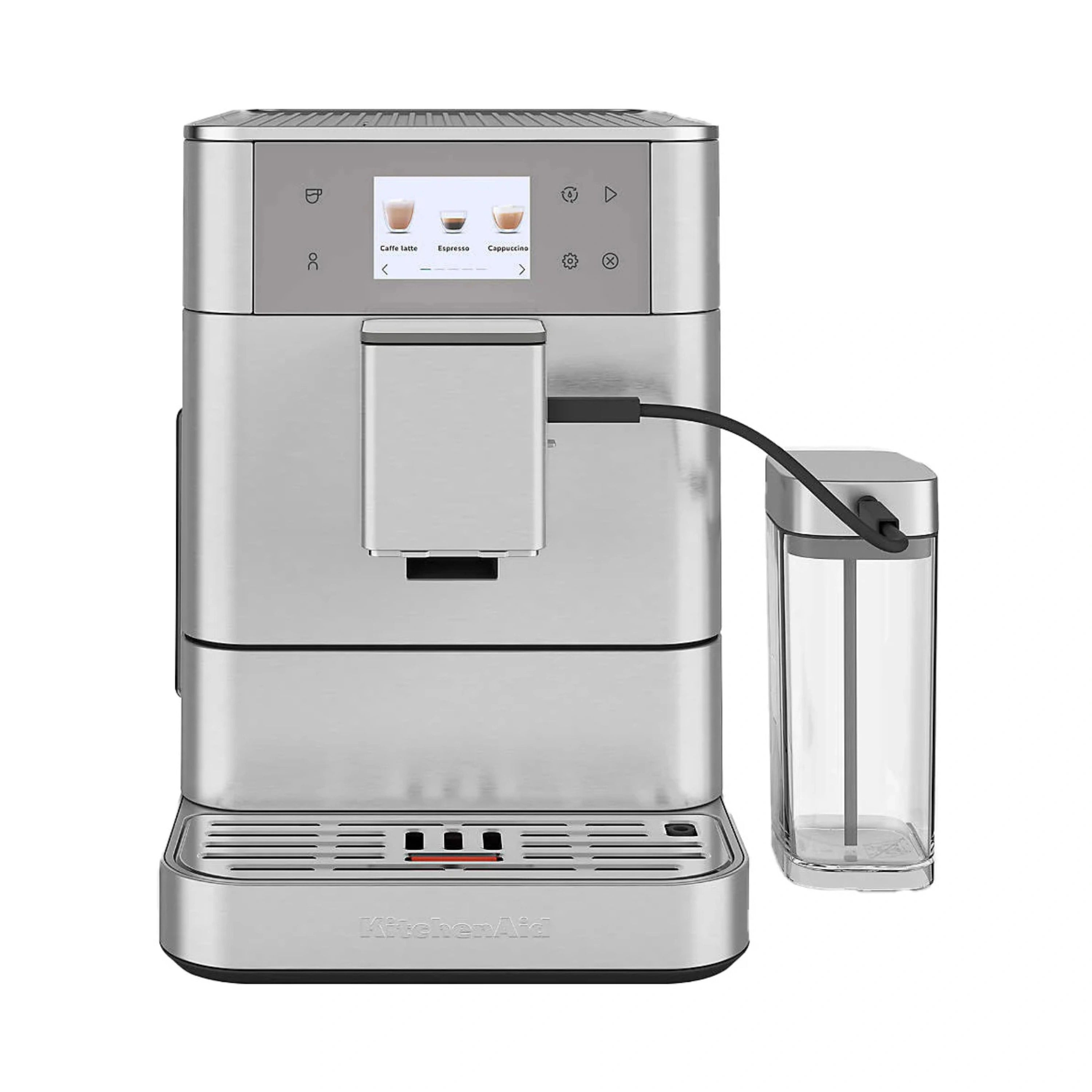 Stainless steel espresso machine with front display and side milk container