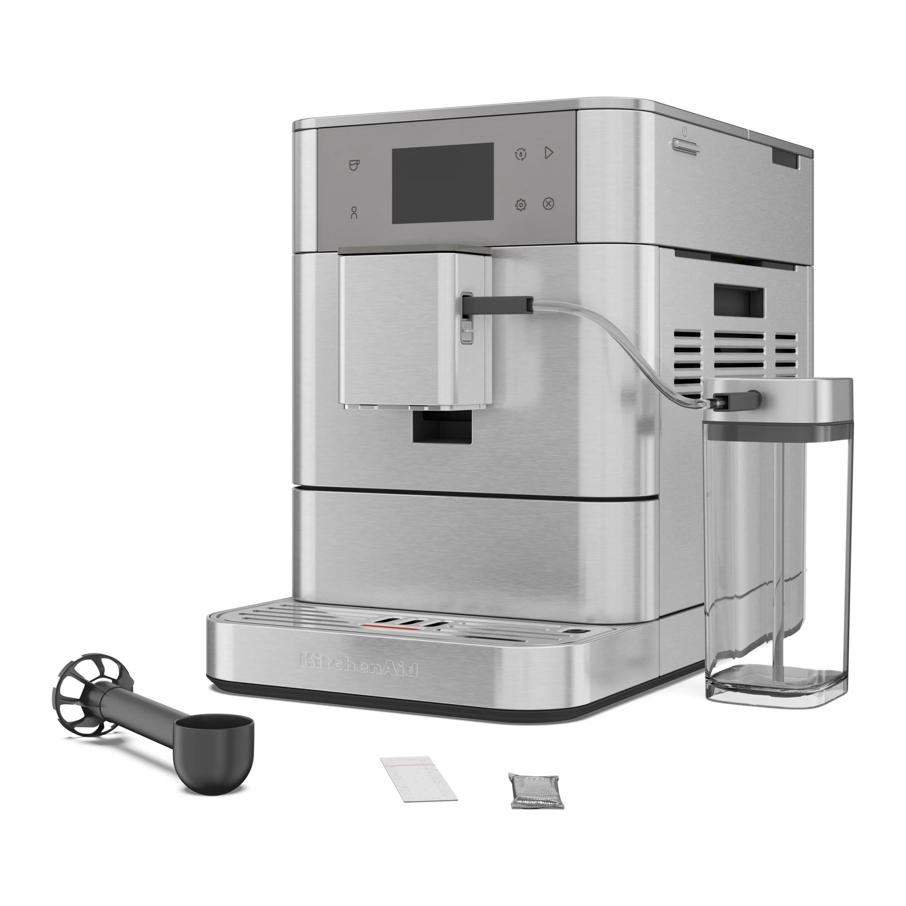 Stainless steel espresso machine with milk container and exposed side components