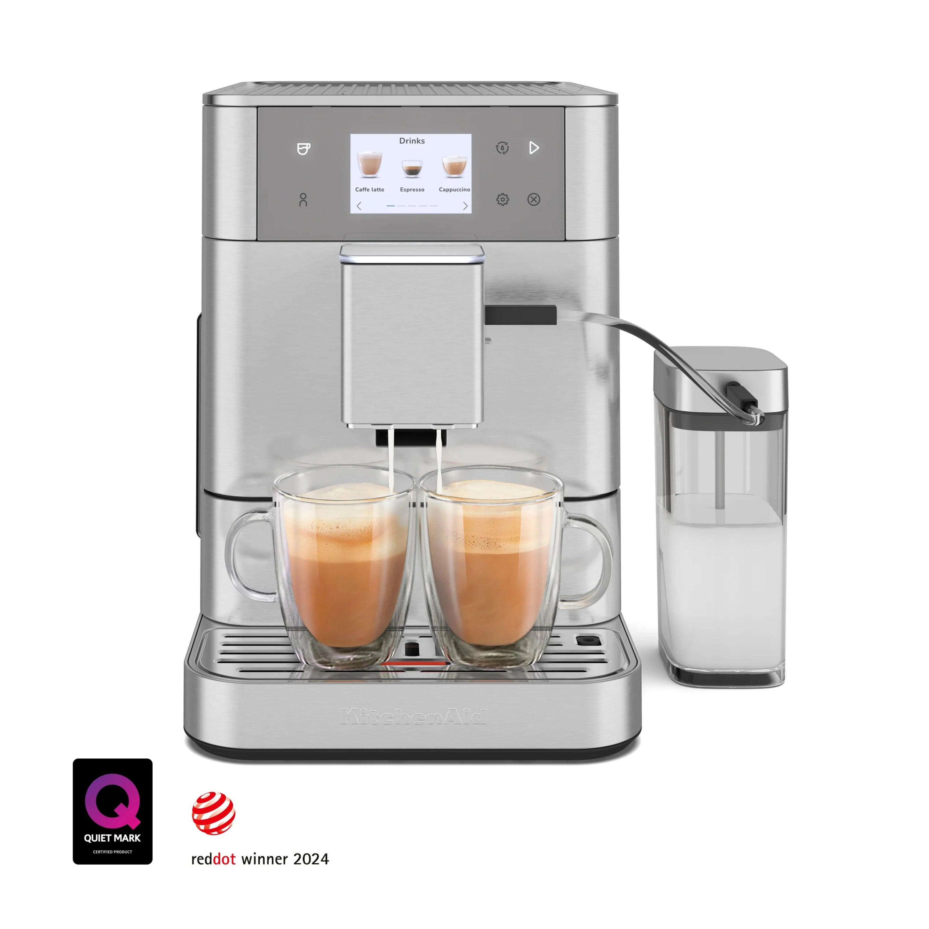 Stainless steel fully automatic espresso machine with two cups of espresso and milk container
