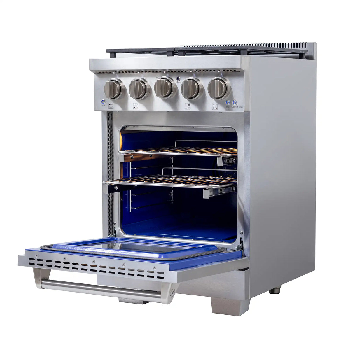 Stainless steel gas range with oven door open and front rack extended