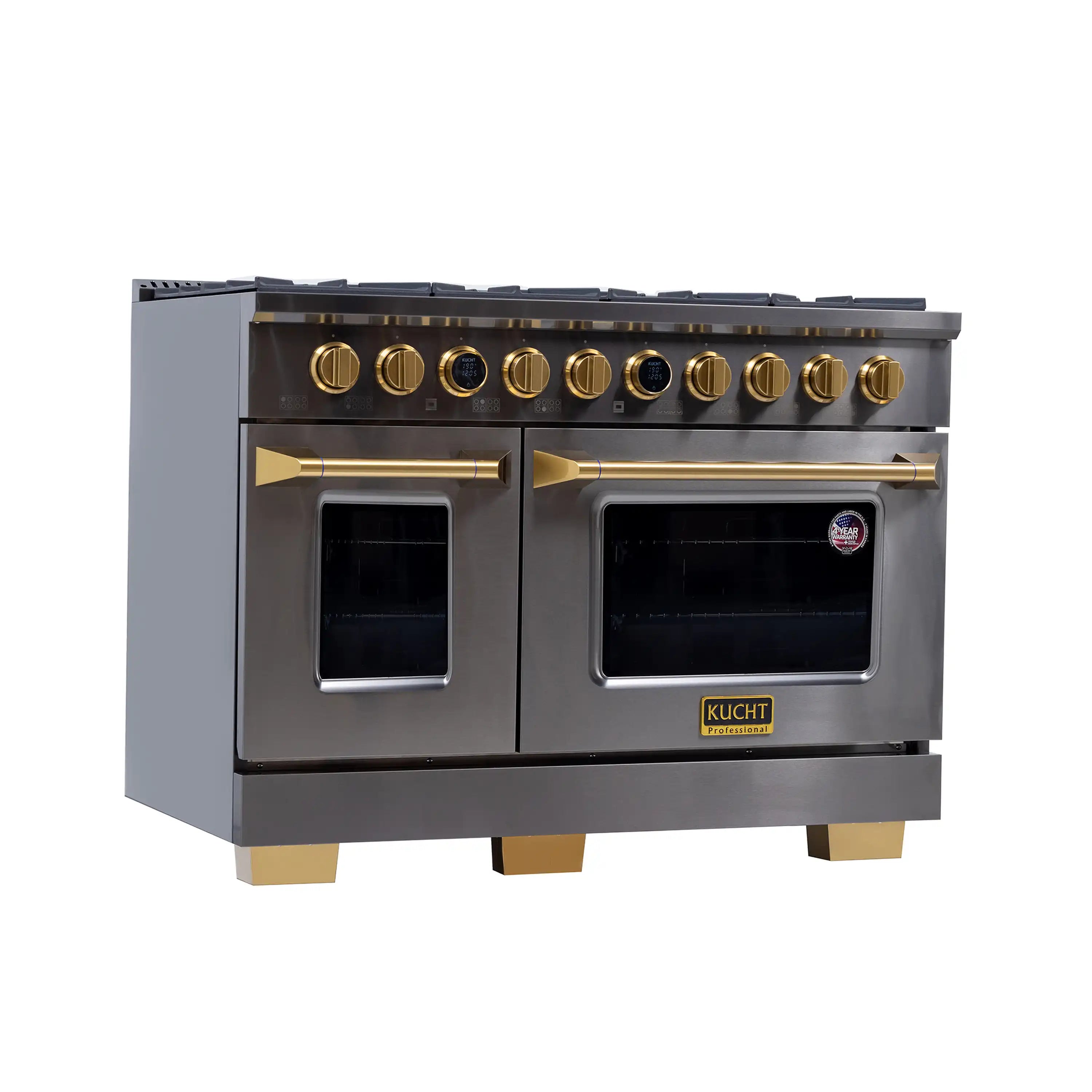 Stainless dual fuel range with two oven doors and gold-accented burner controls