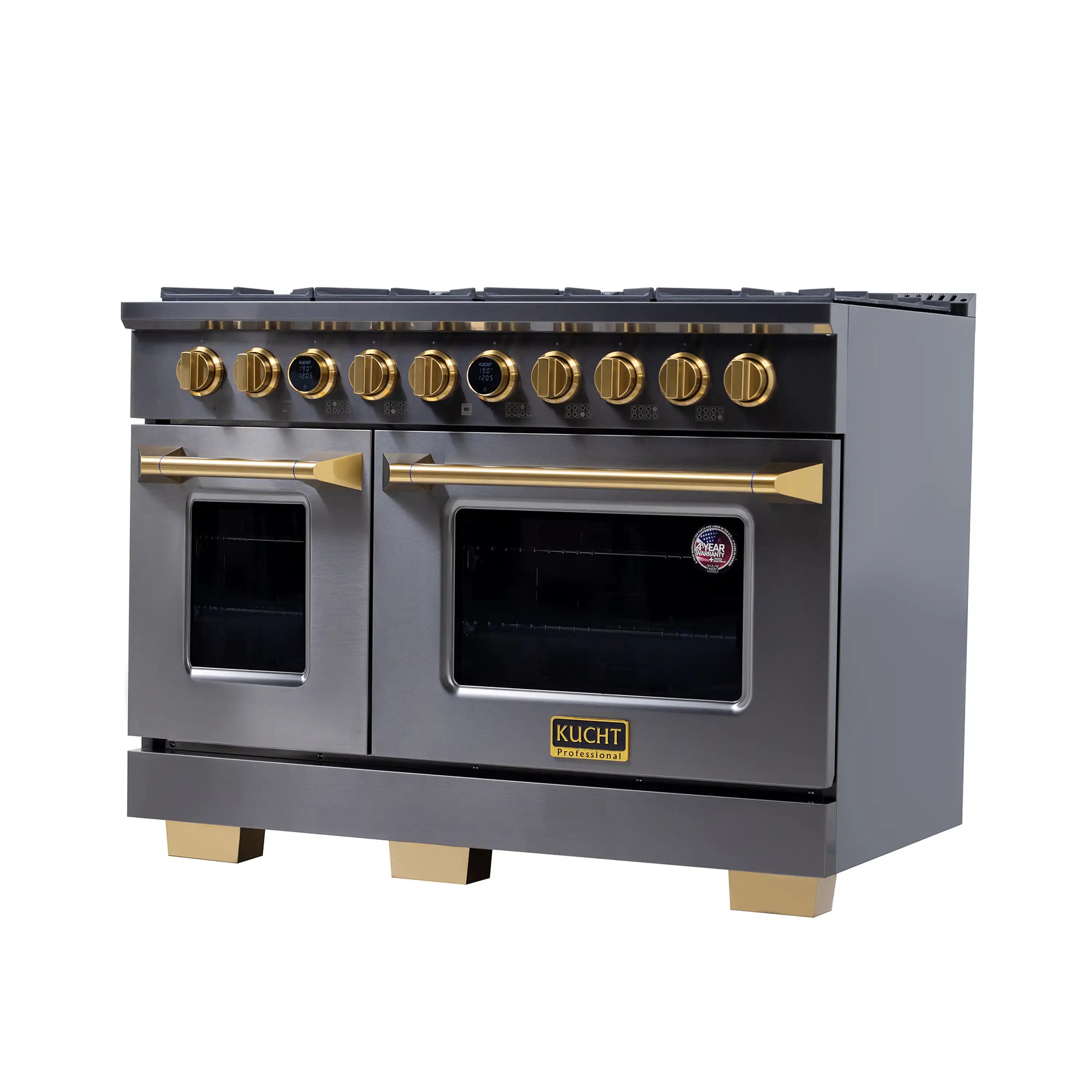 Dual fuel range with two oven doors, front knobs, and gold-toned control trim