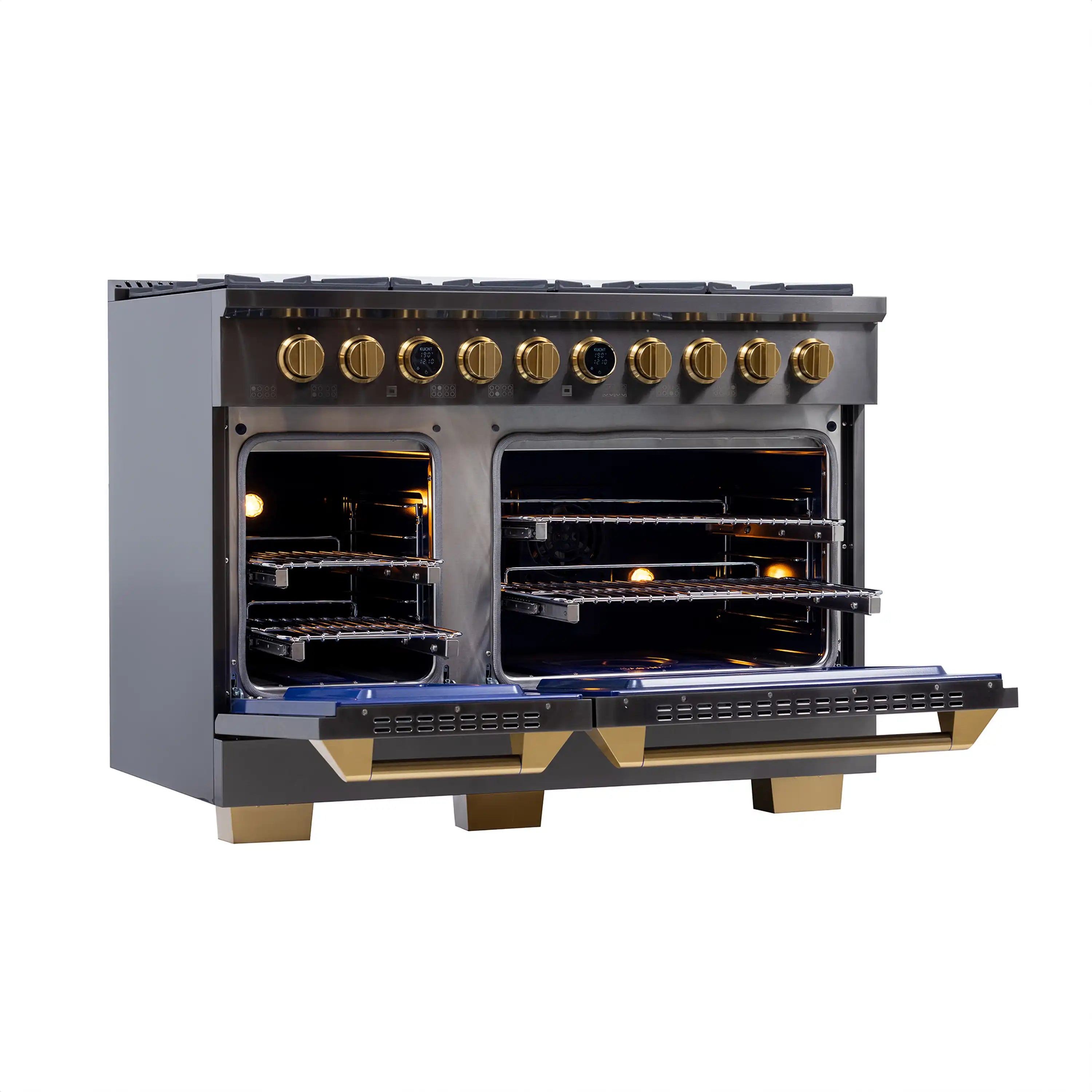 Dual oven with burners and open doors; gold-toned knobs and dark titanium body
