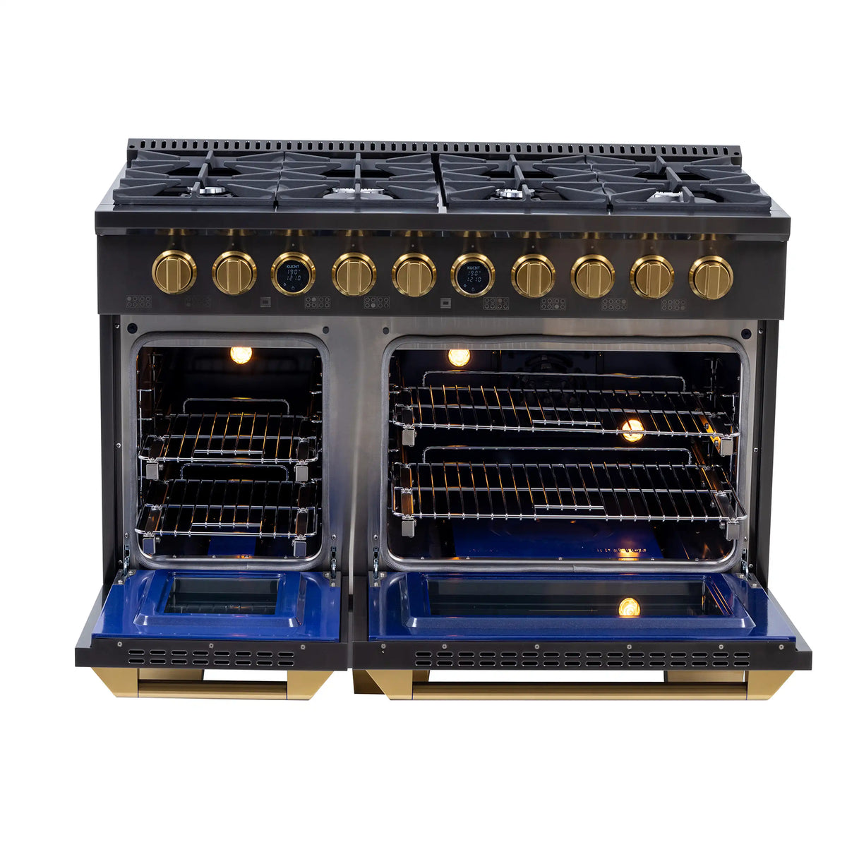 Gas oven with both doors open showing multiple racks and glowing burners