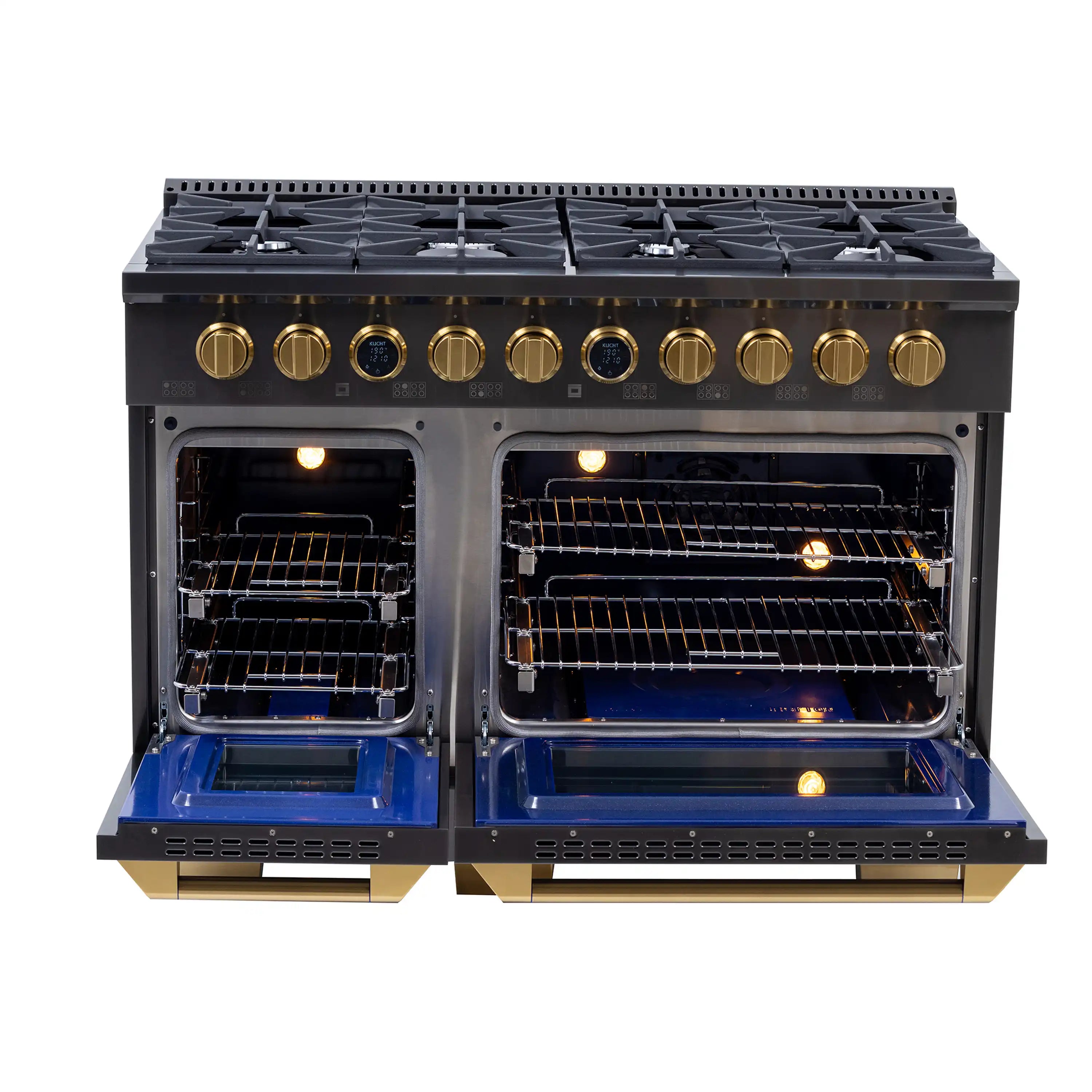 Open oven doors with lit burners and wire racks, dual fuel range in dark titanium