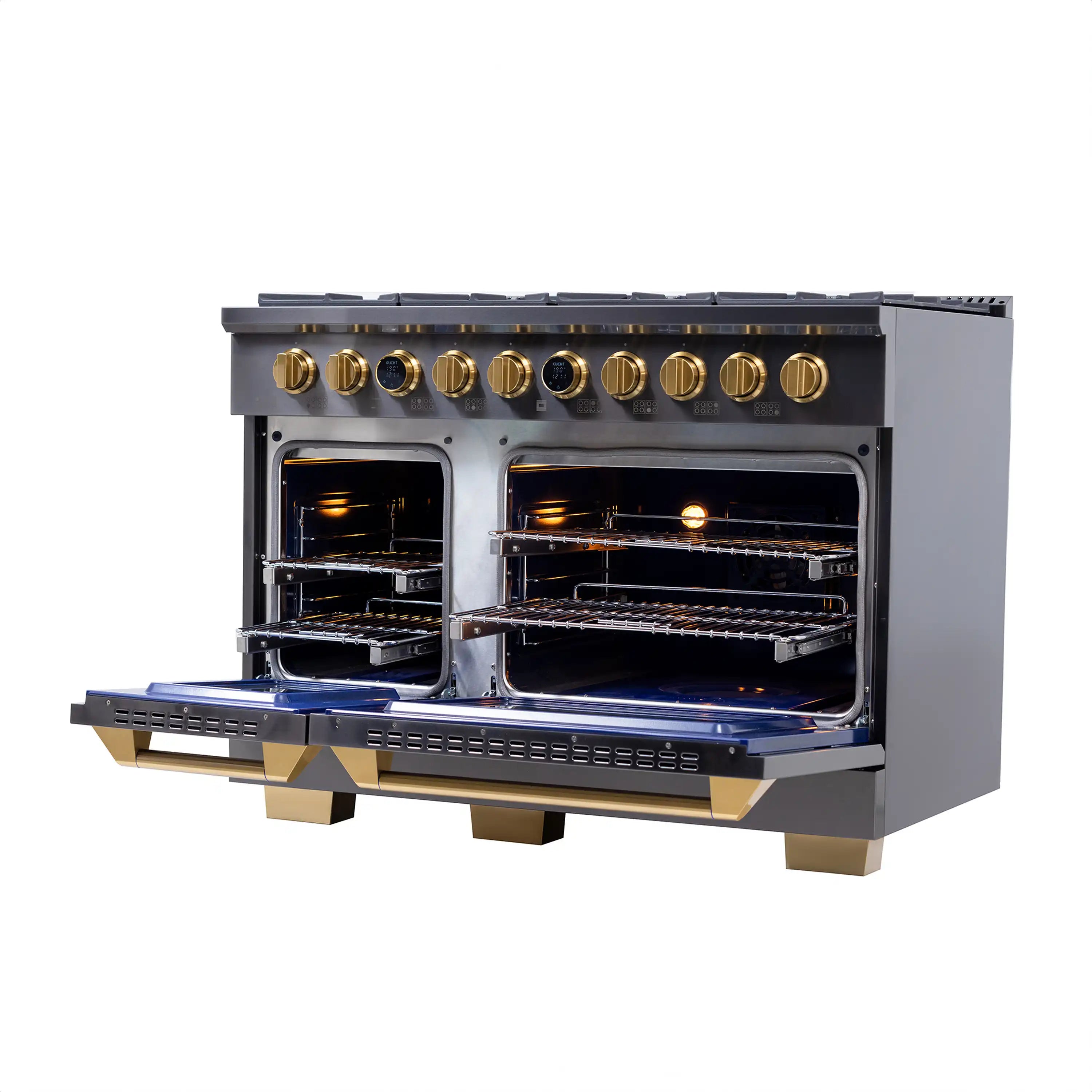 Dual fuel range with both oven doors open, gold knobs, lit oven interiors