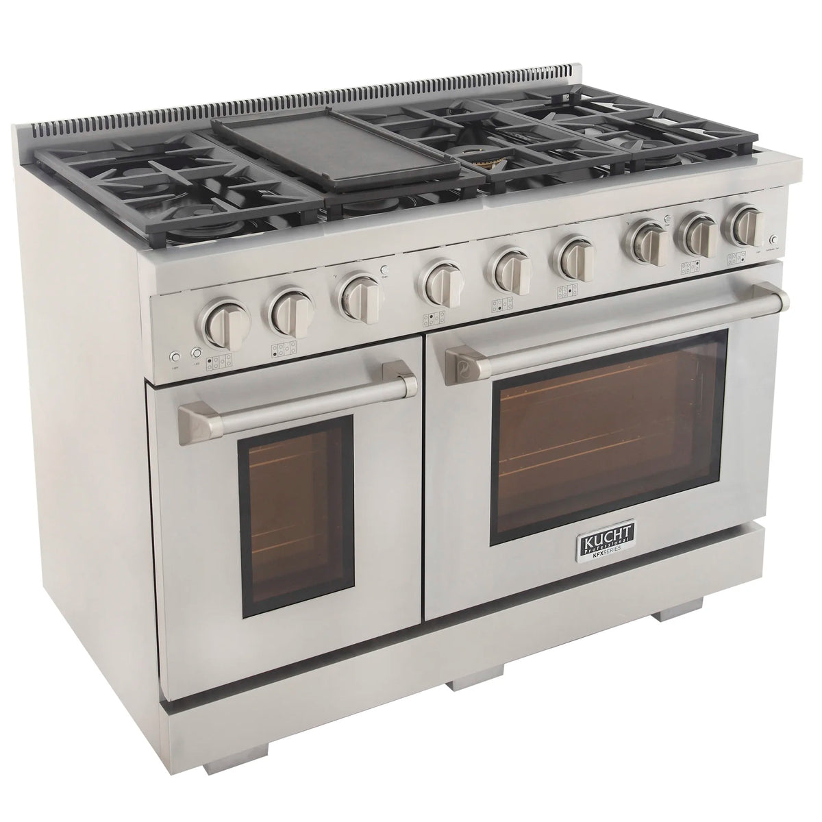 Stainless steel gas range with griddle, burner grates, and two oven doors