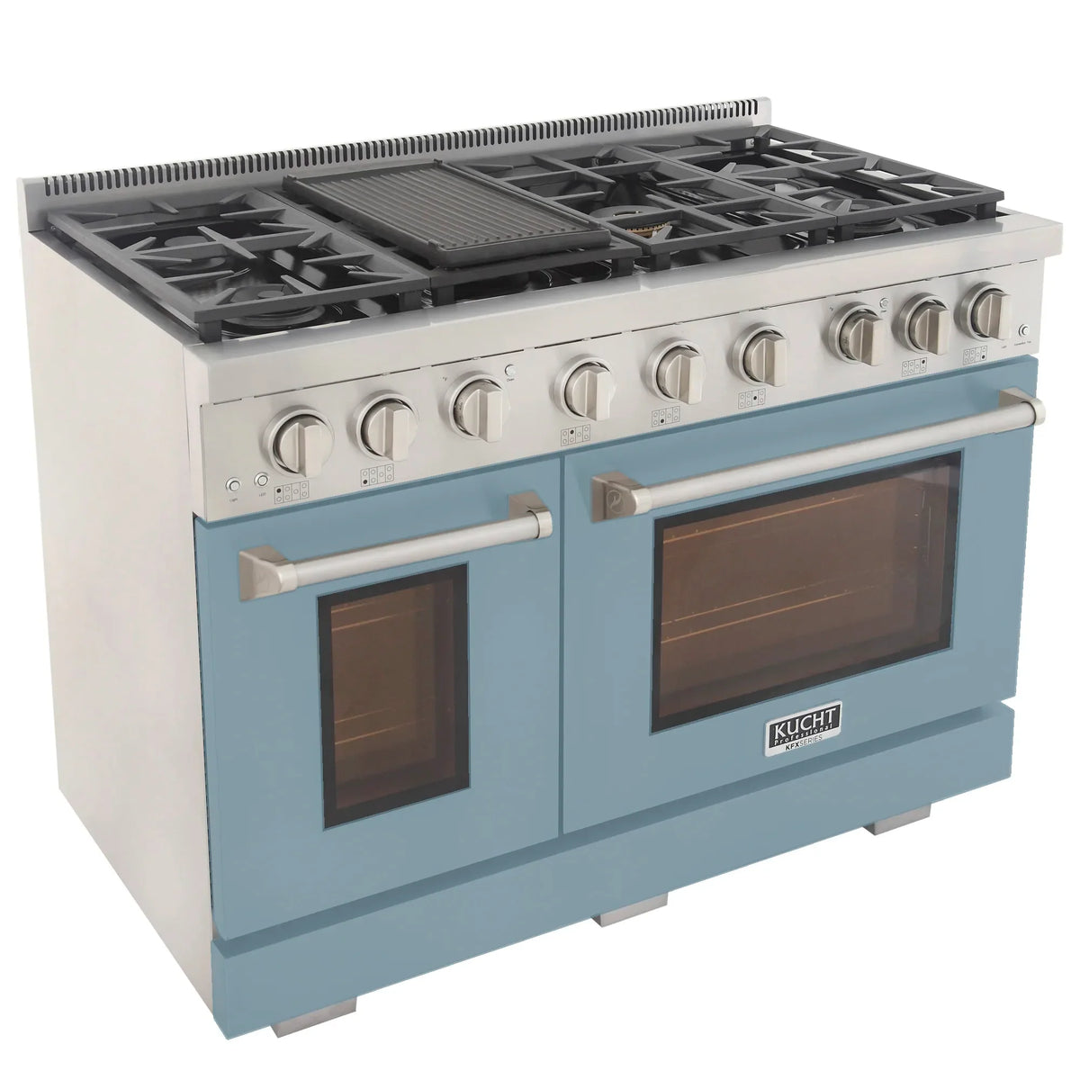 Light blue propane gas range with black grates, stainless top, and two oven doors