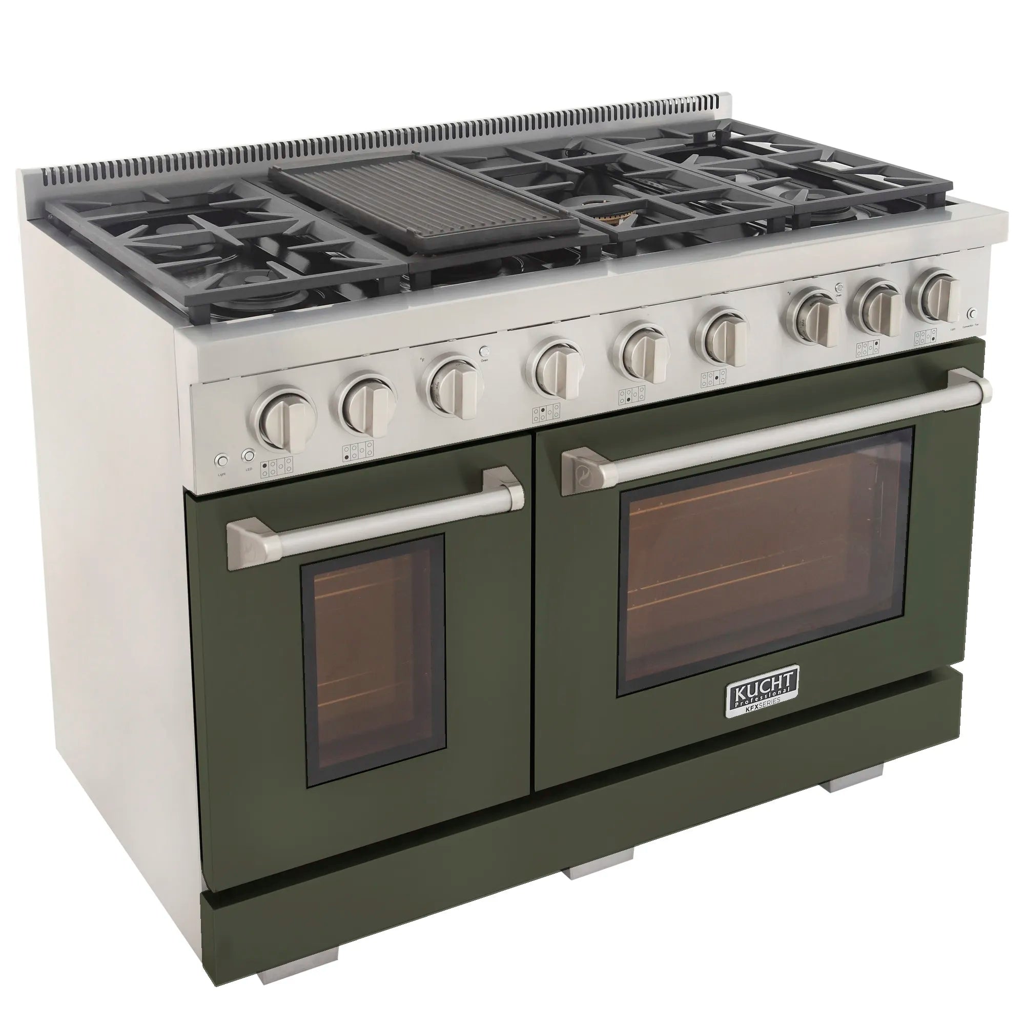 Olive green propane gas range with cast-iron grates and two glass oven doors