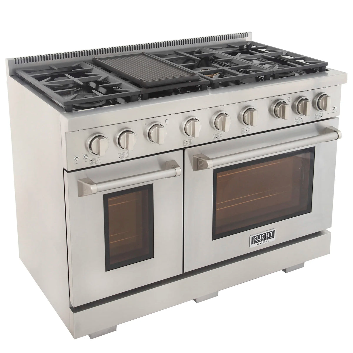 Stainless steel gas range with griddle, control knobs, and dual oven windows