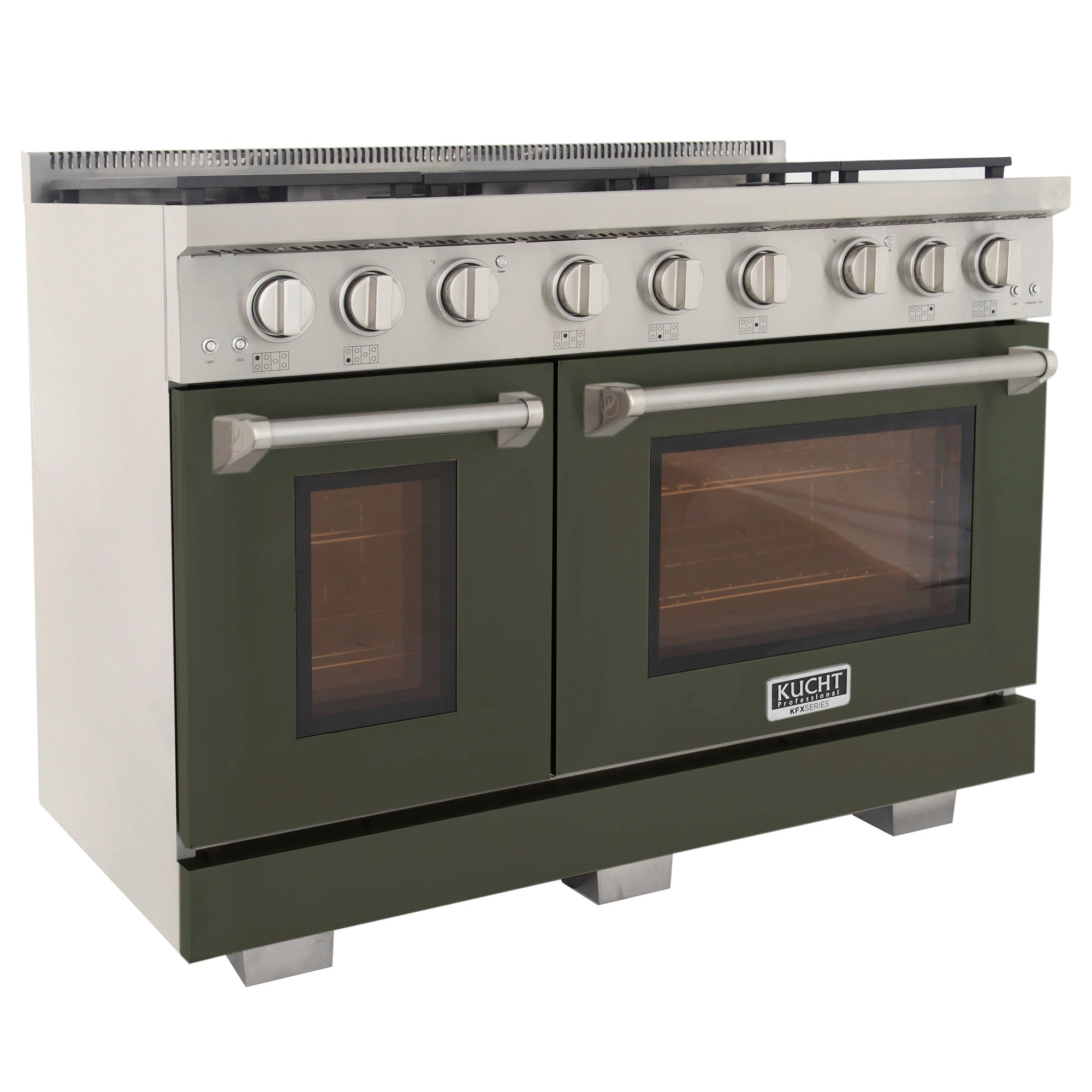 Olive green gas range with two oven doors, wide oven windows, stainless control panel