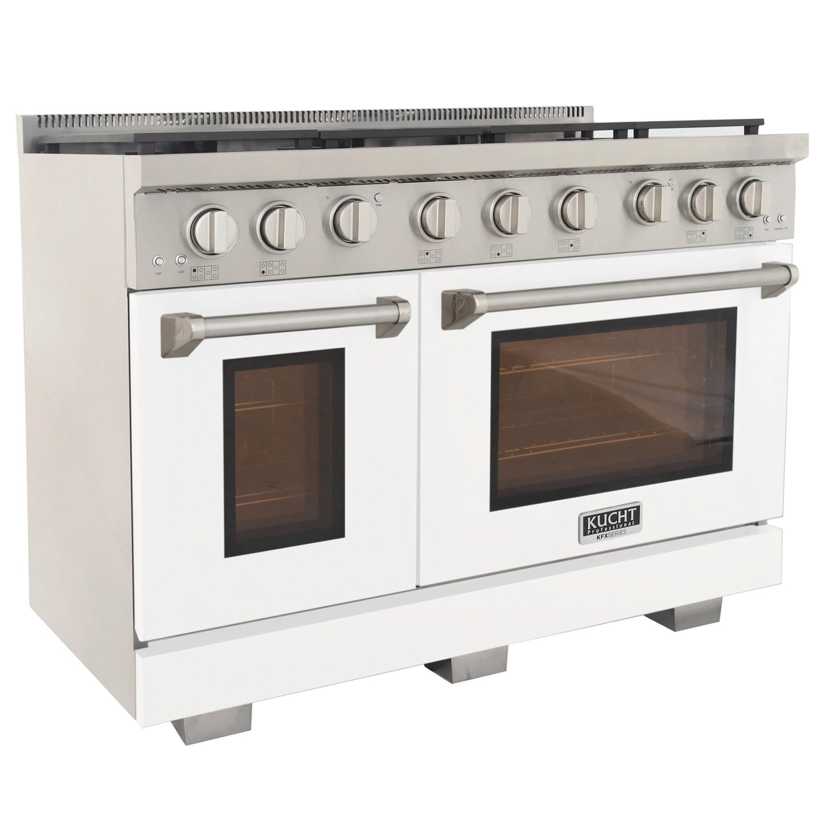 White gas range side view with six controls and two oven doors