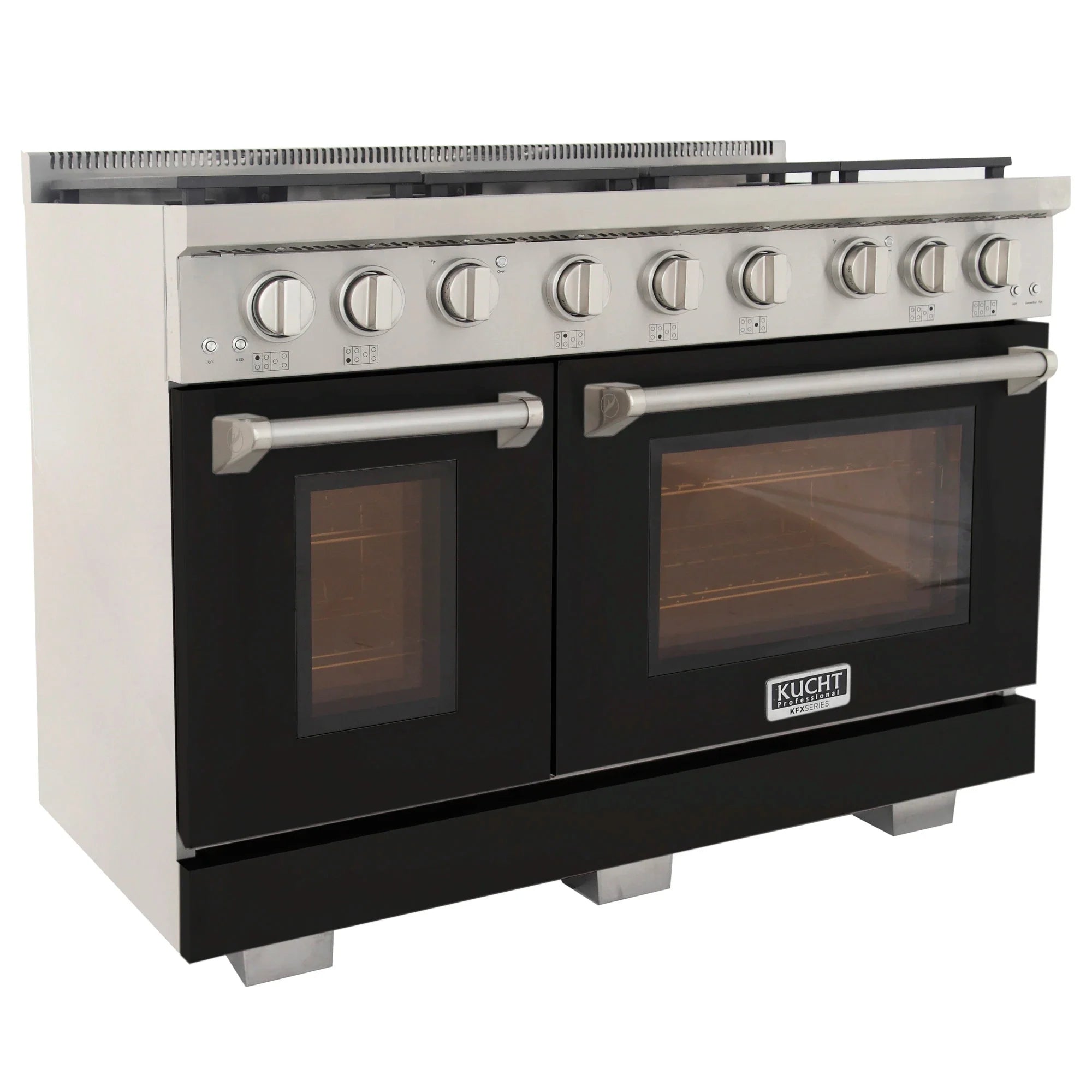 Black propane gas range with silver knobs, side handle bars, and two glass oven doors