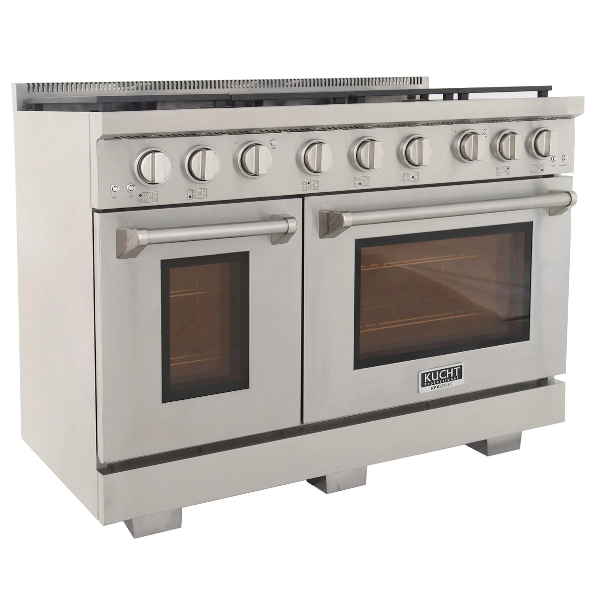 Stainless steel gas range with two oven doors and a row of control knobs