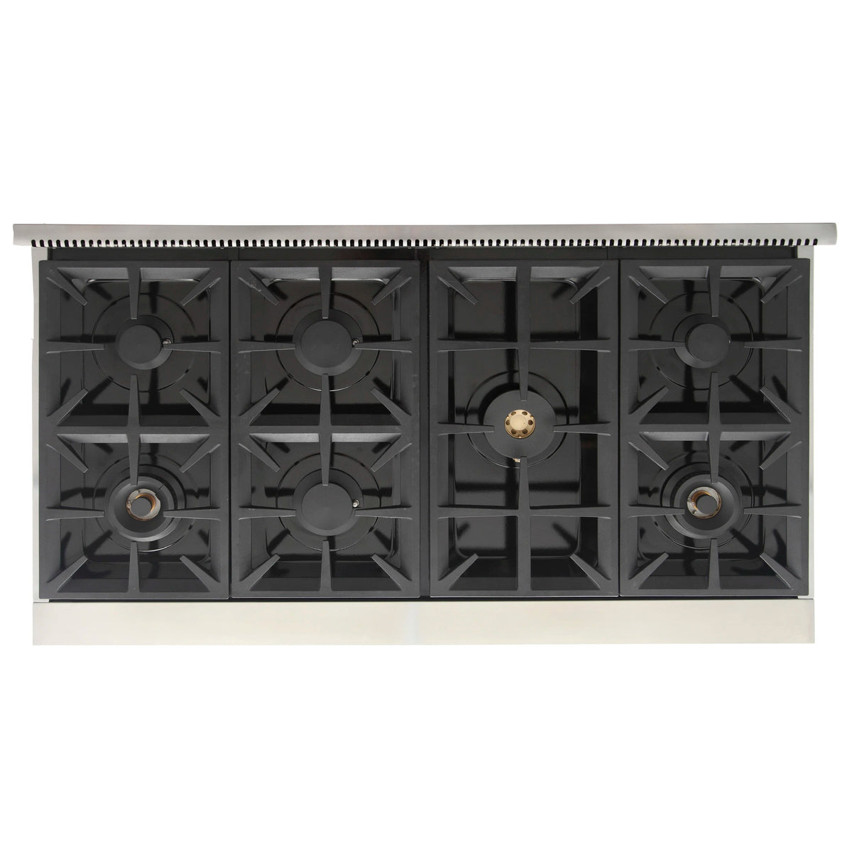 Gas range cooktop with six black grates and centered burner cap