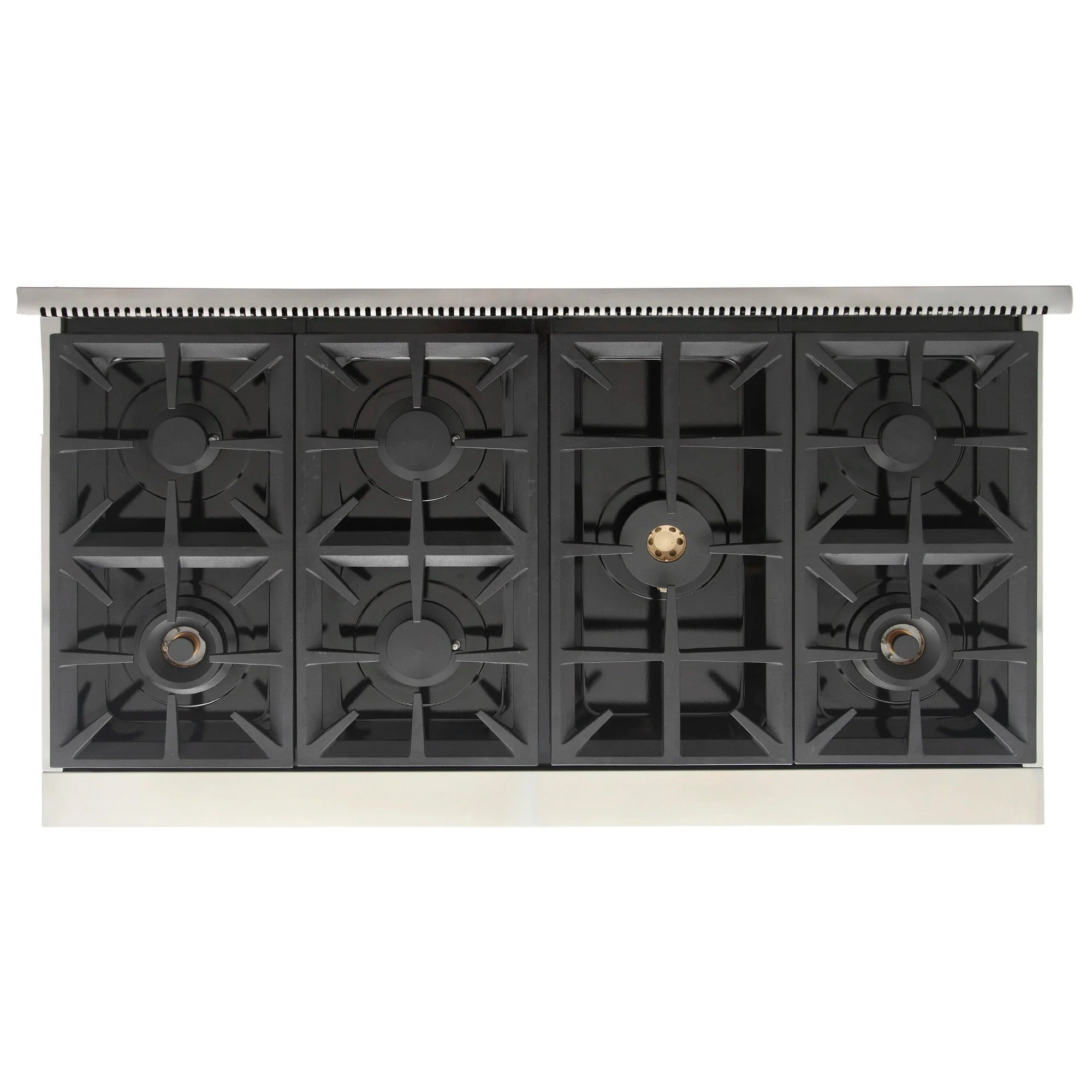 Cooktop of a propane gas range with black grates and five burner heads