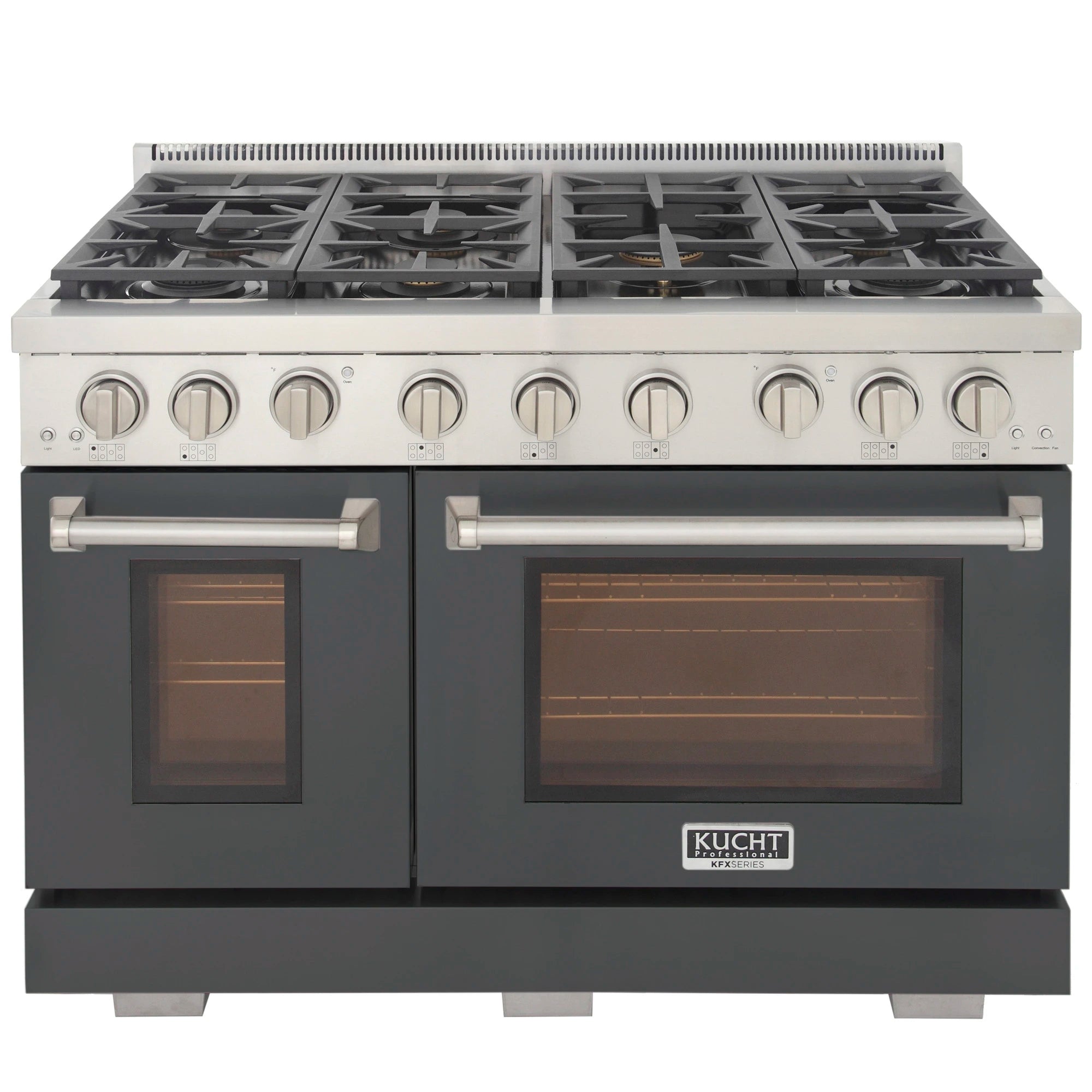 Cement gray 48-inch gas range with dual ovens and six-burner cooktop