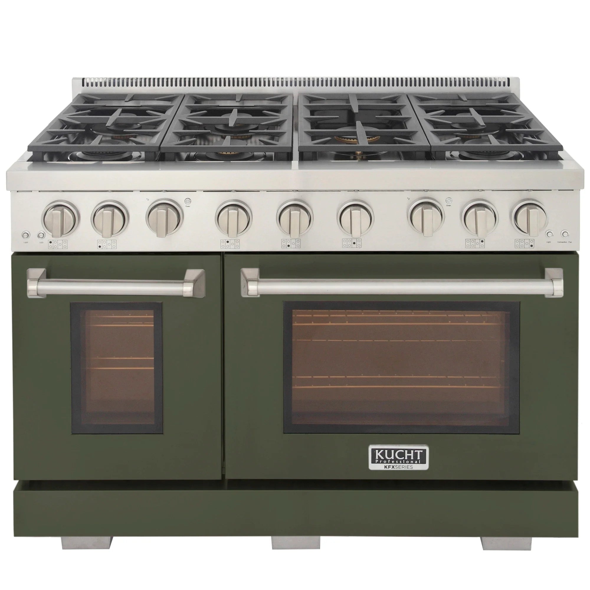 Olive green propane gas range with silver control panel and double oven doors