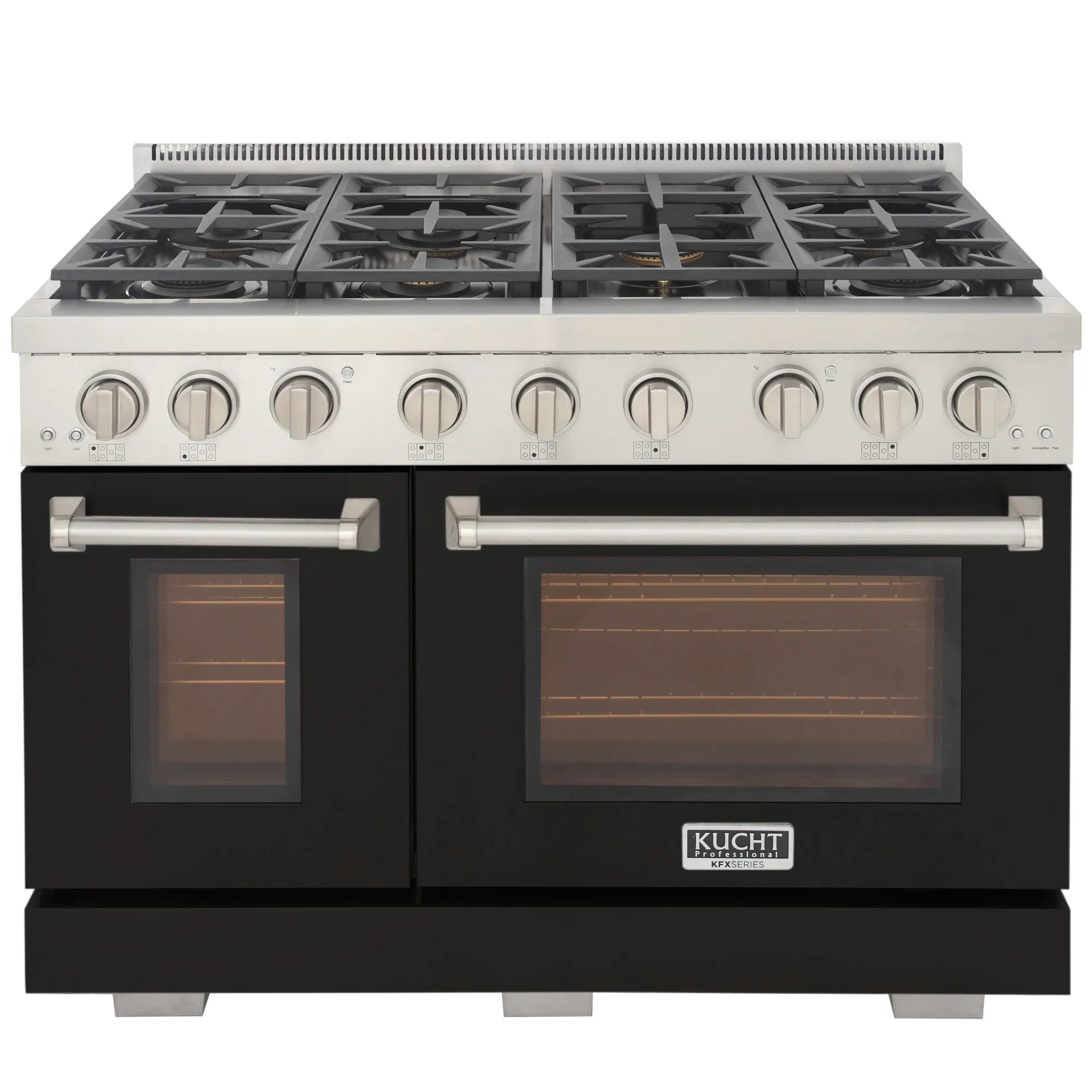 Black front gas range with six burners on top and two ovens with glass doors