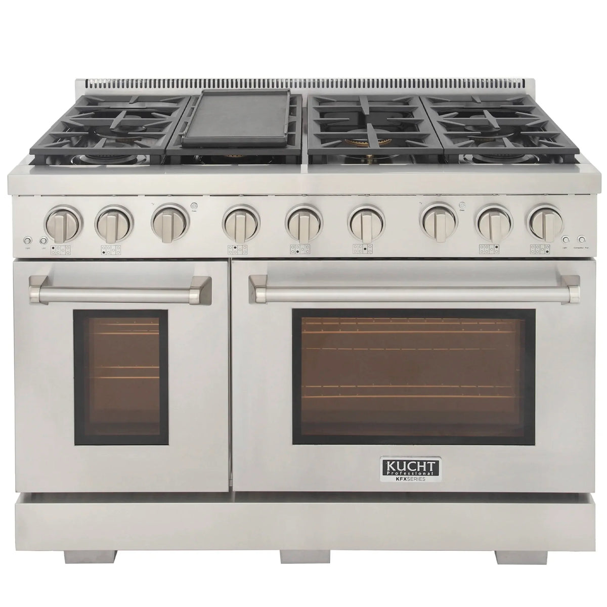 Stainless steel propane gas range with griddle insert and four burners, two oven windows