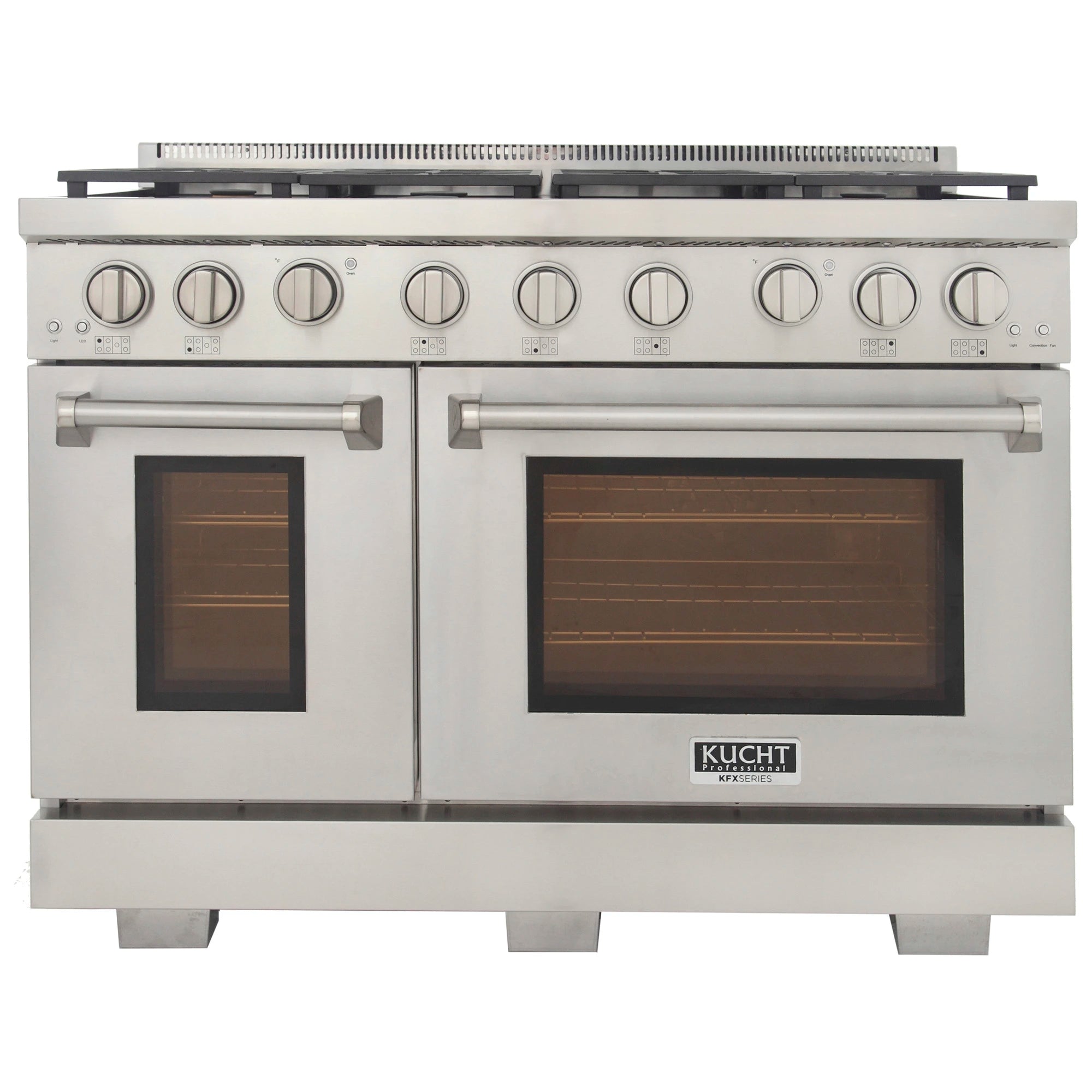 Stainless steel gas range with dual oven doors and control knob row