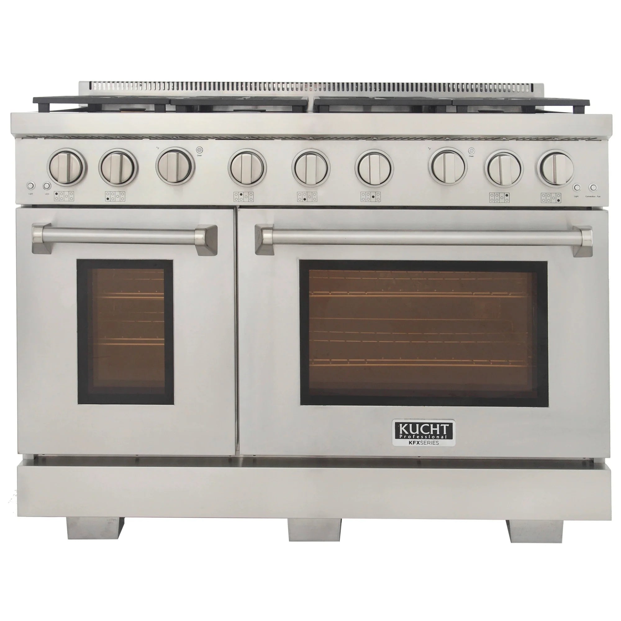 Stainless steel 48-inch propane gas range front view with two oven doors and control panel
