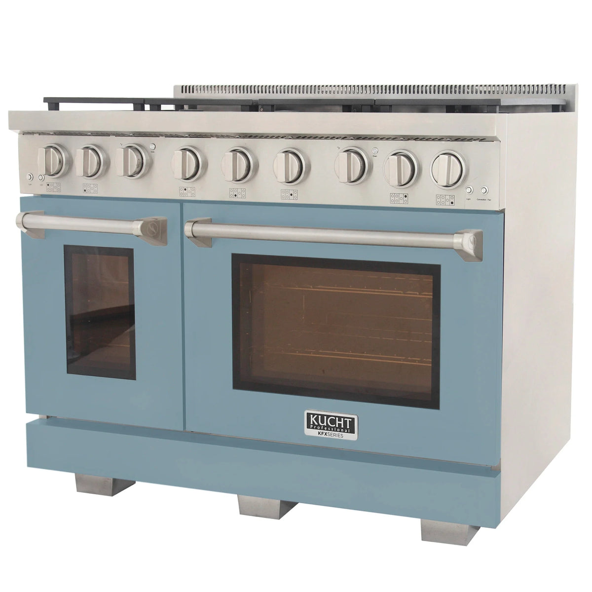 Light blue gas range with stainless top controls and two oven doors with dark glass windows