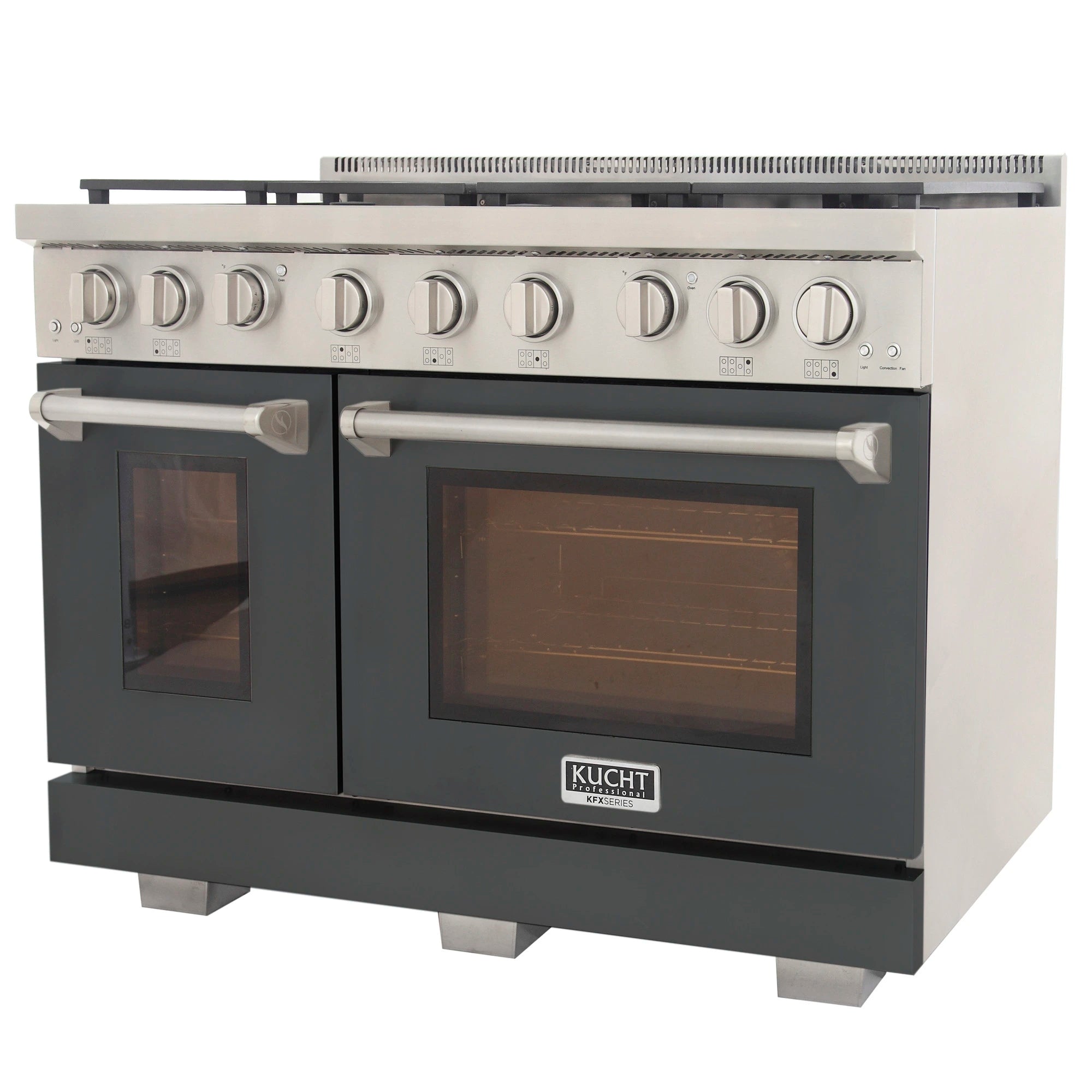 Gas range front view with Kucht badge, control knobs and two oven doors, gray with silver trim