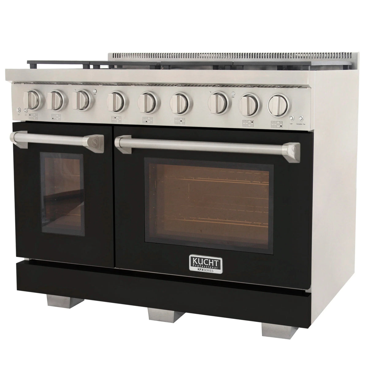 Black propane gas range with stainless control panel, dual oven doors, and six burners