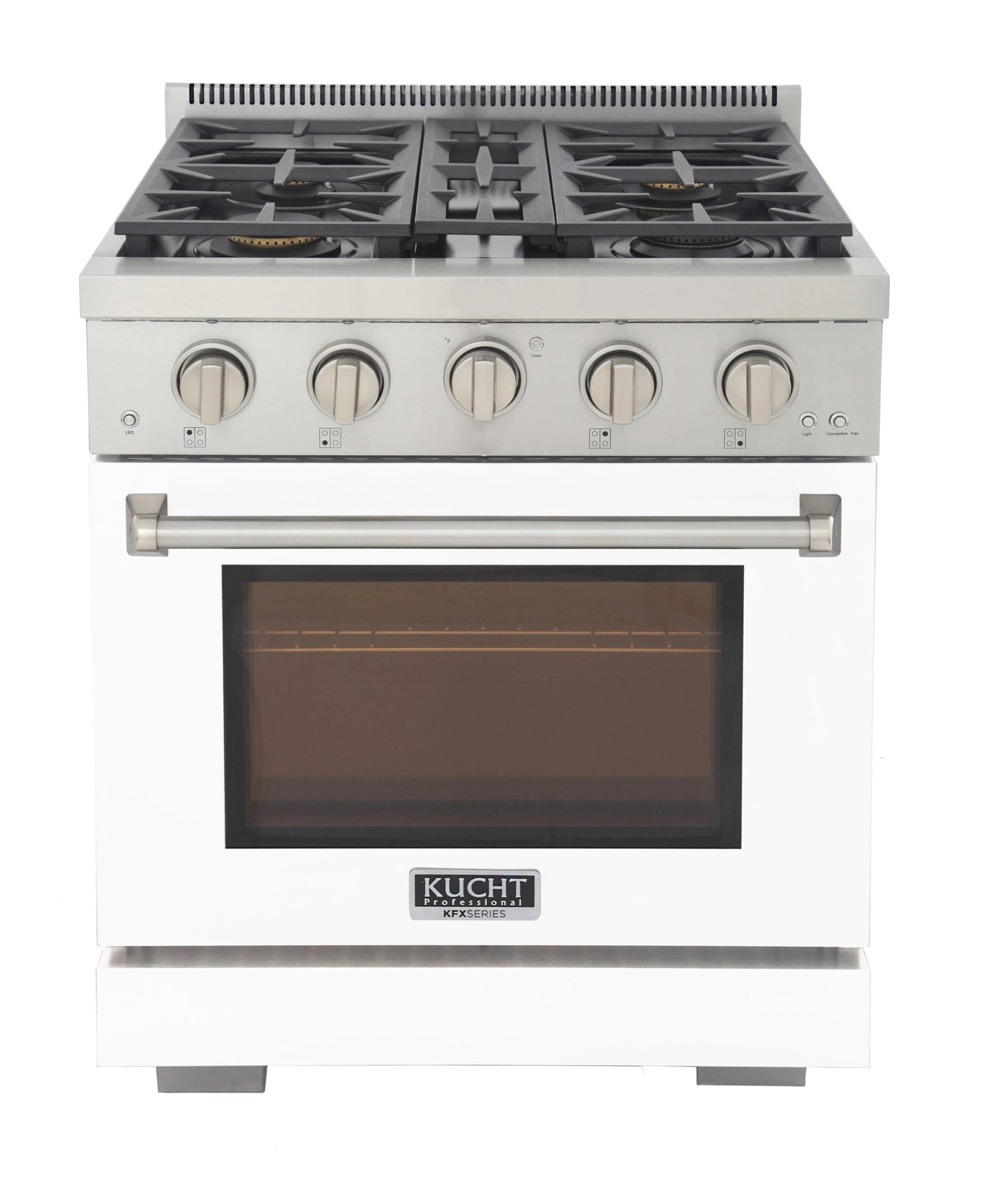 White gas range with black burner grates, silver knobs, and oven door window
