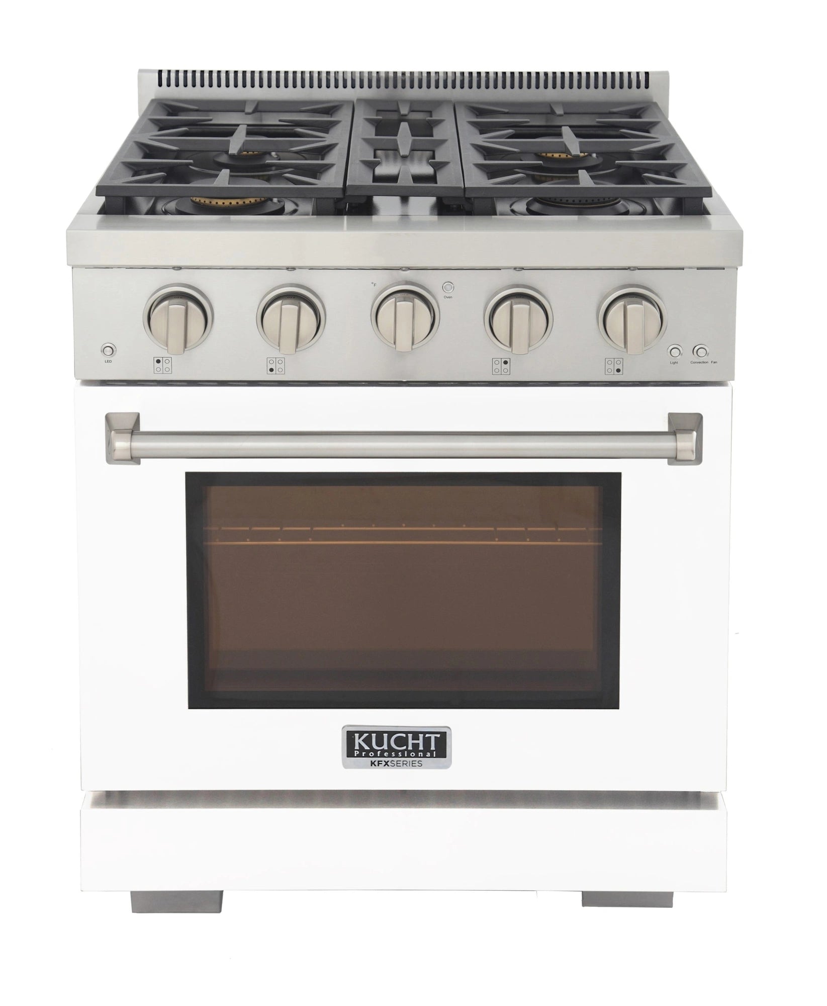 White Kucht gas range with four burners, oven door and control knobs