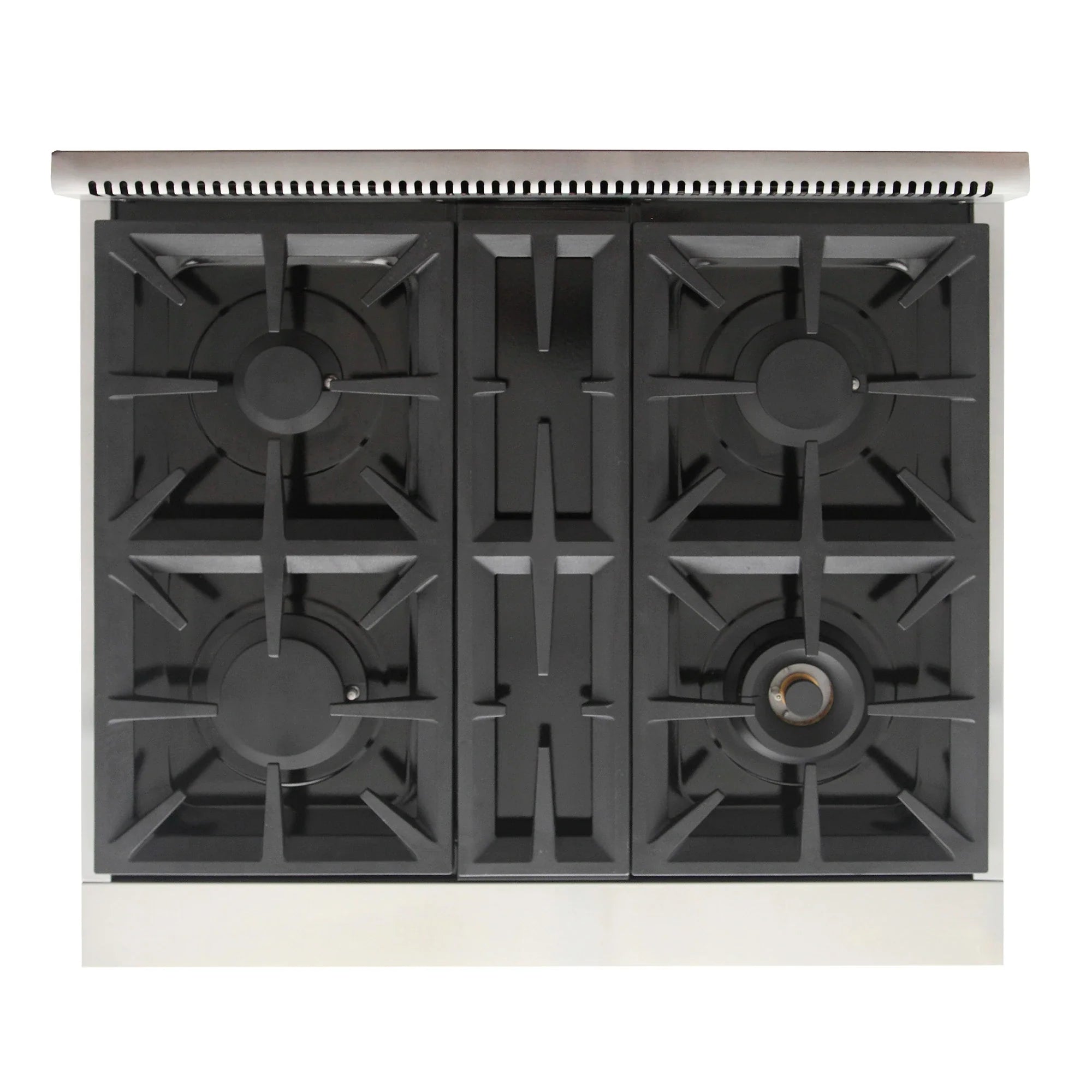 Black four-burner cooktop with cast grates and central control panel