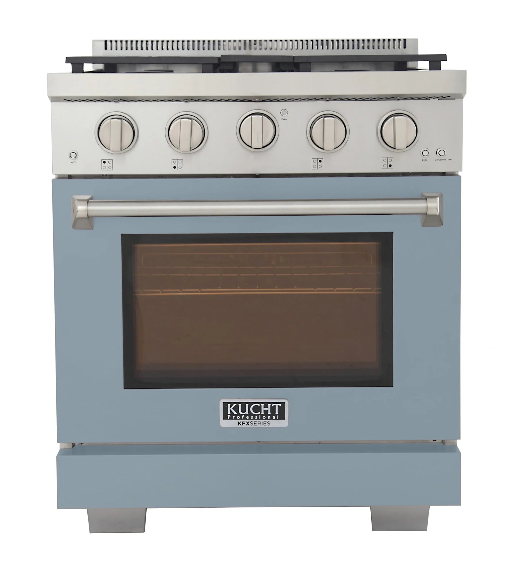 Light blue Kucht 30-inch propane gas range with five knob controls and oven door