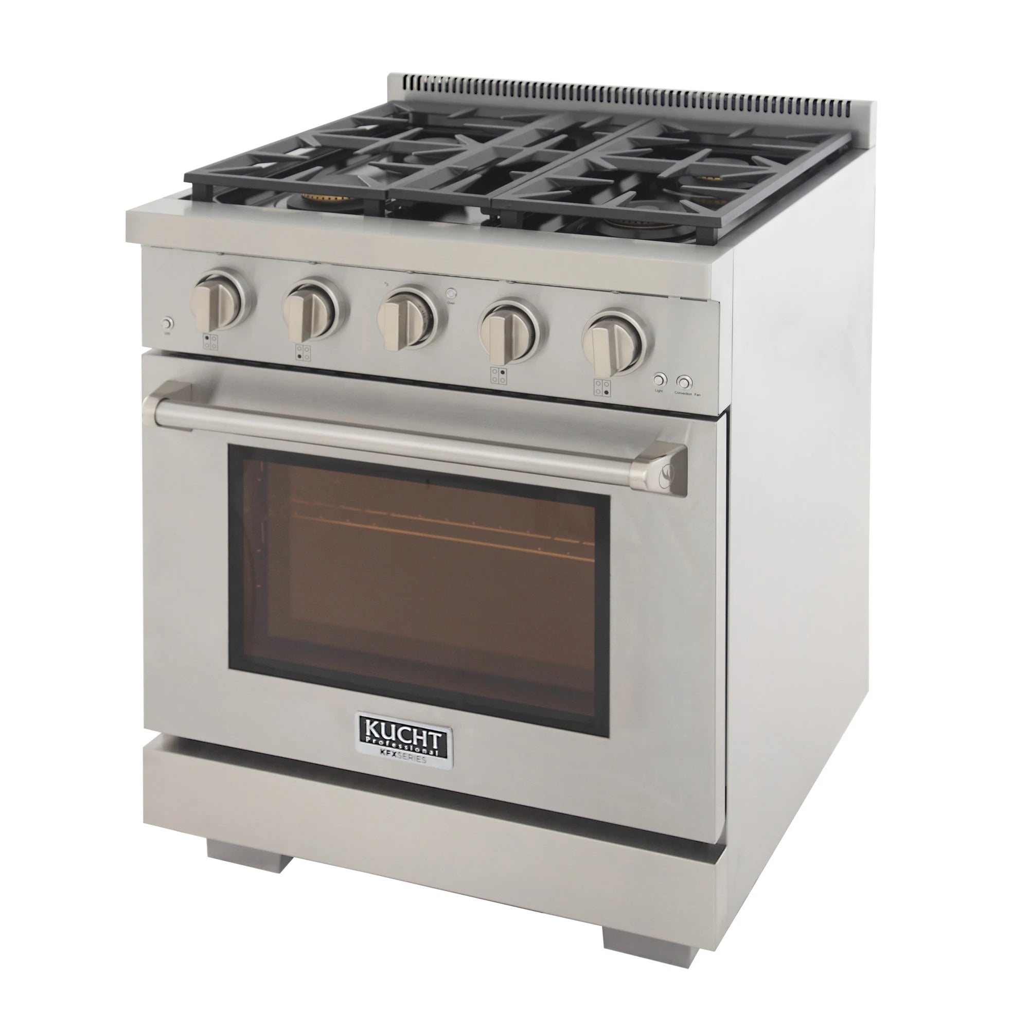 Stainless steel gas range with five front knobs, cooktop grates, and oven window