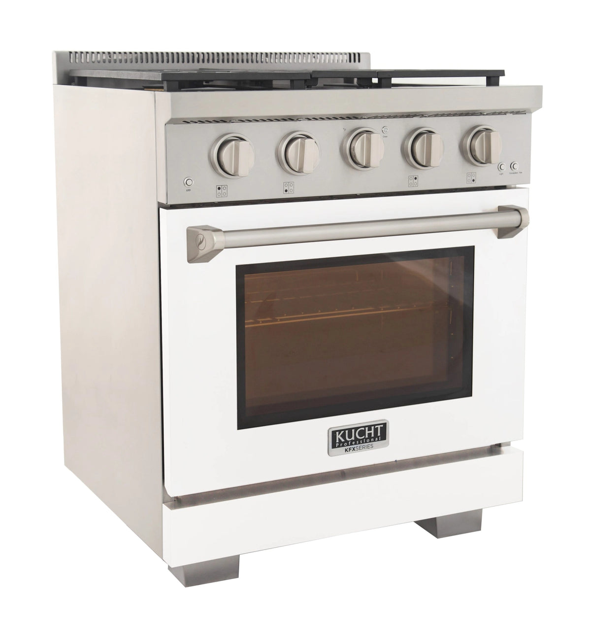 White gas range front view with silver knobs, oven window, and long control handle