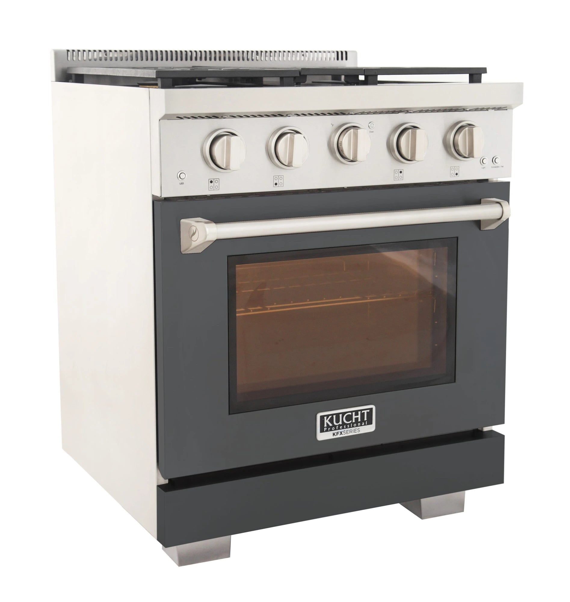 Gas range front with five knobs and glass oven window in olive green finish