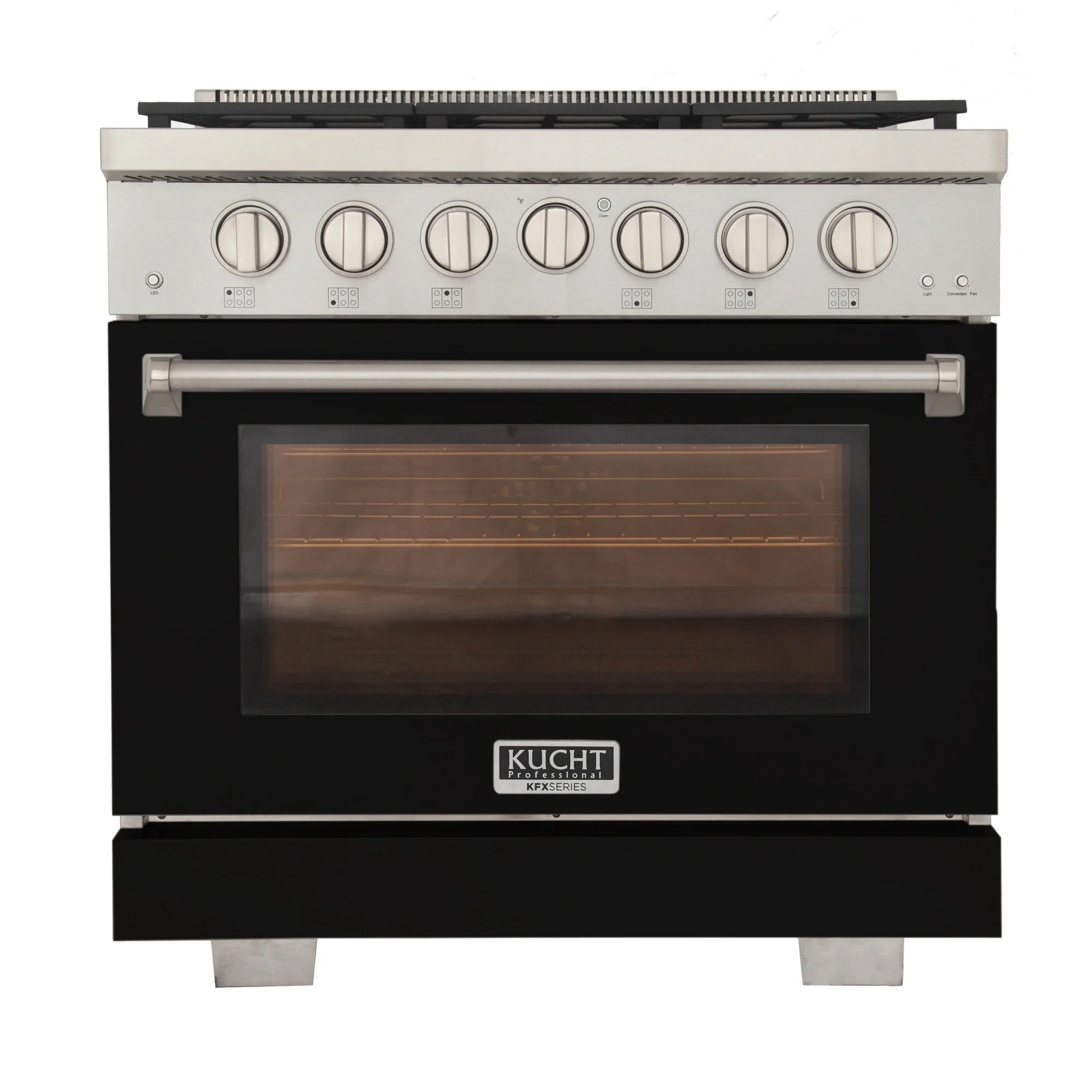 Black gas range front with glass oven door, silver control knobs, and handle