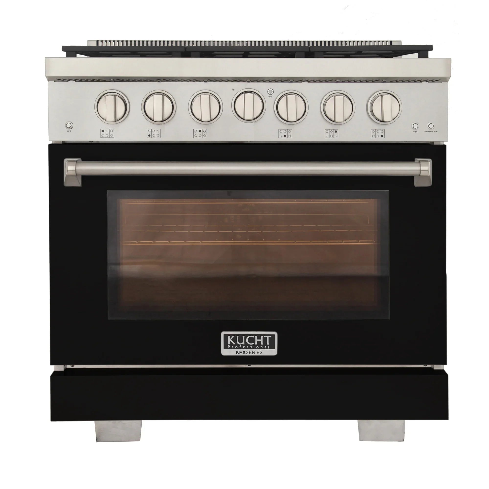 36-inch gas range, black body with silver control panel and oven door window