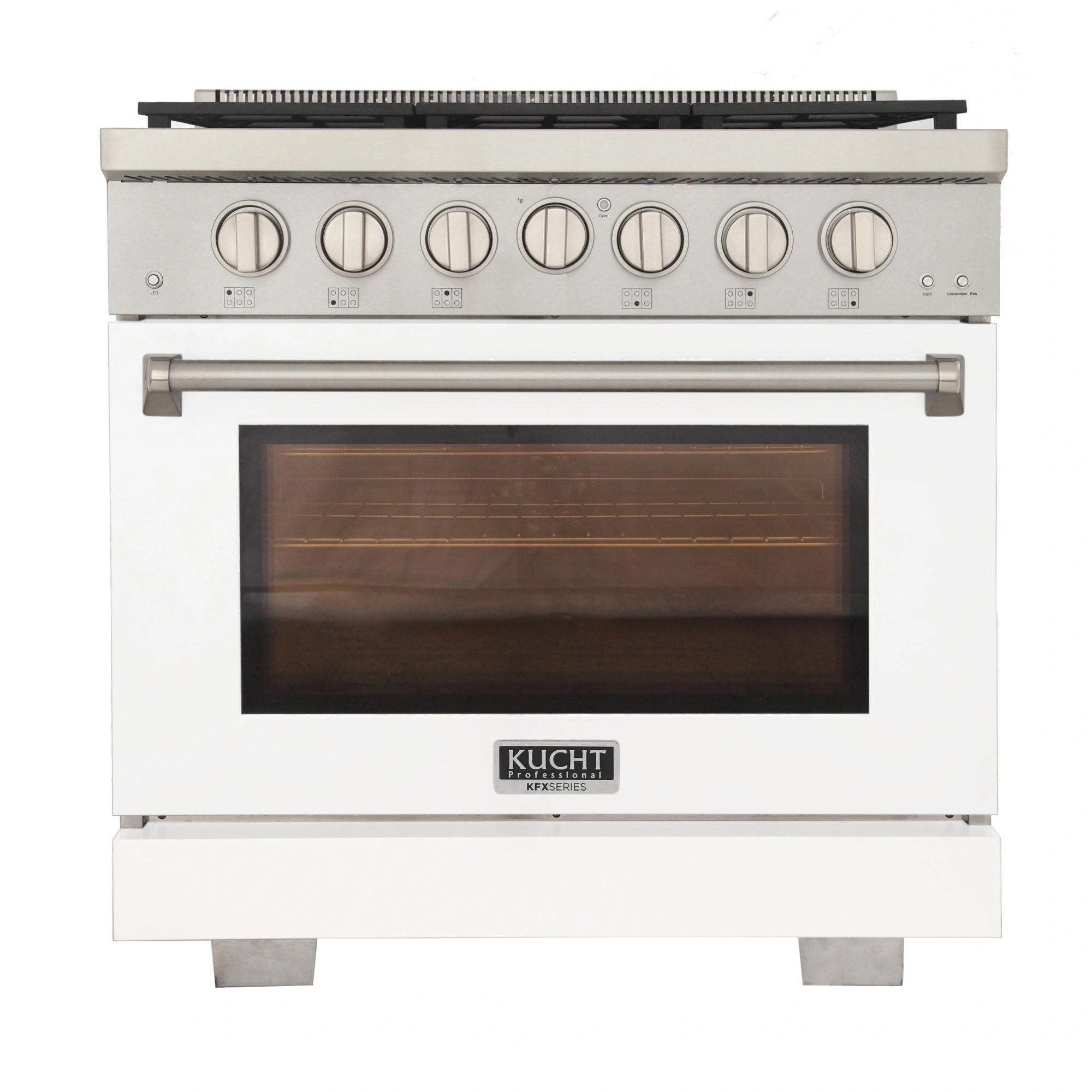 White gas range front view with silver handle, control knobs, and oven window