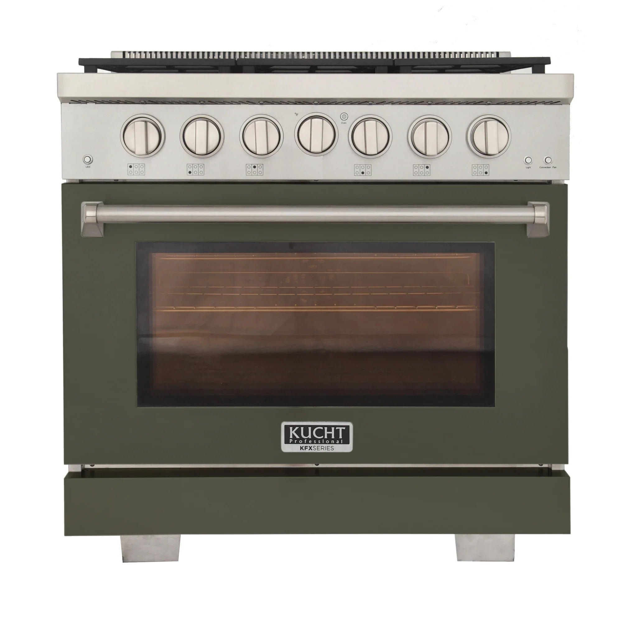 Olive green propane gas range with silver knobs and large windowed oven door