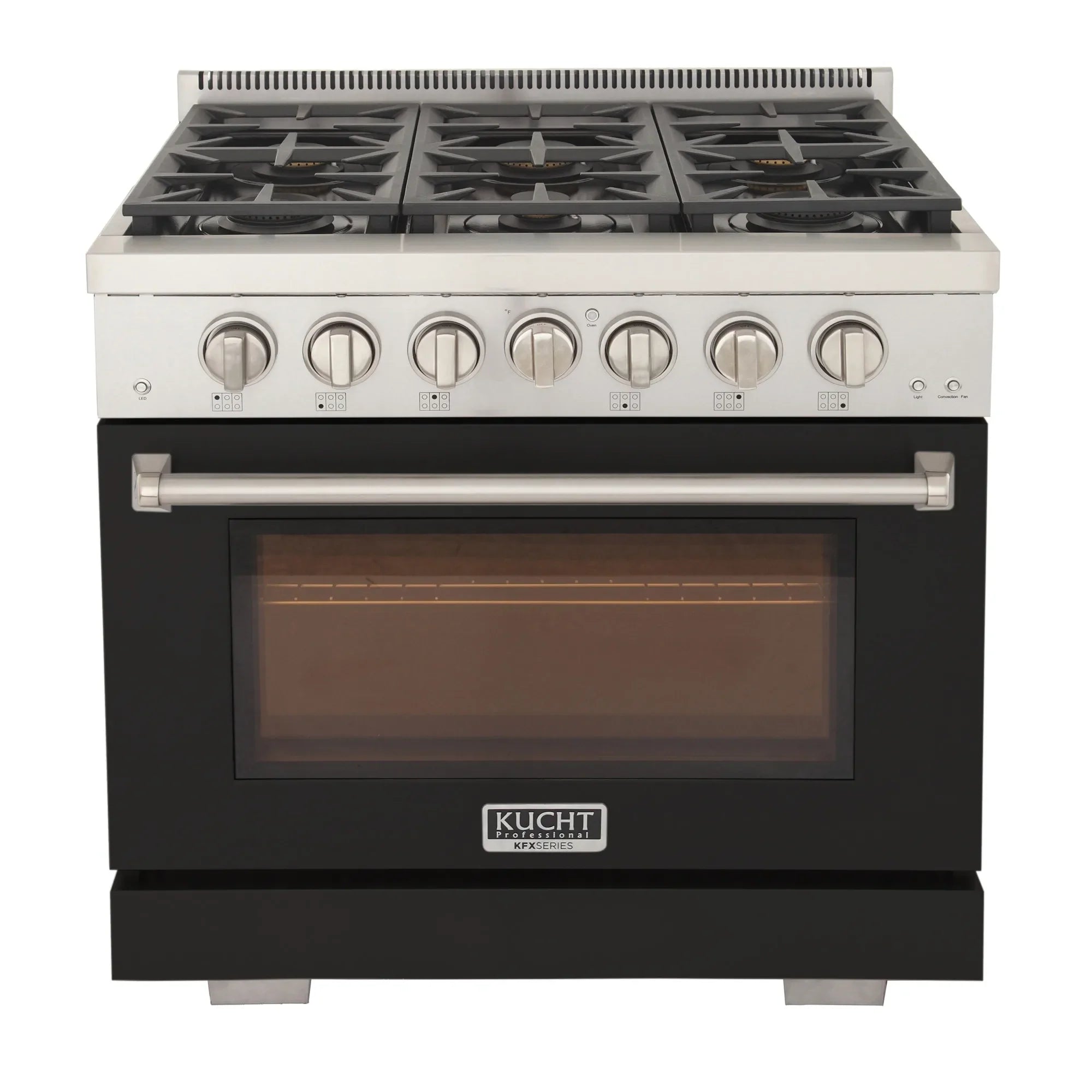 Black and stainless gas range with front oven window and five burner grates