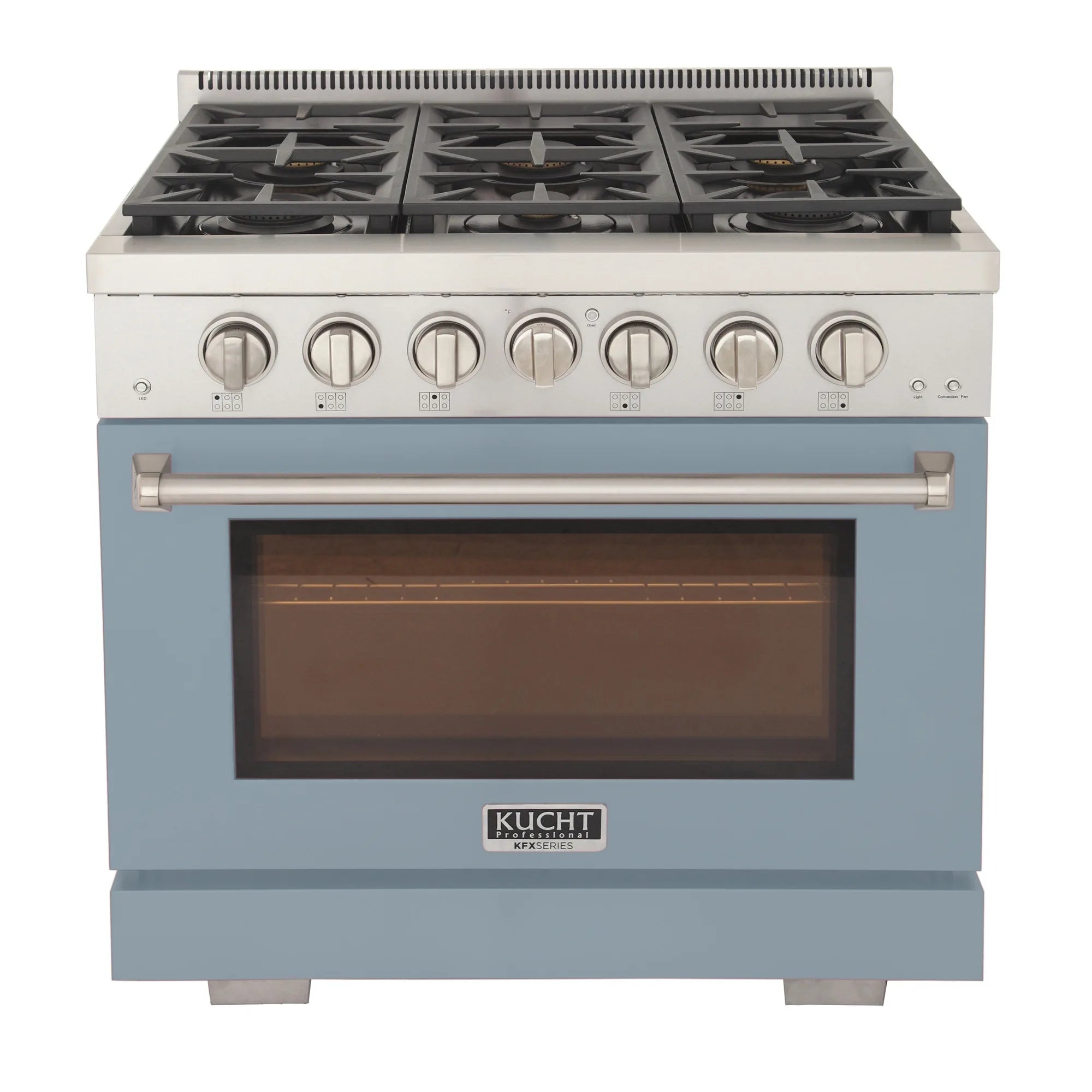 Light blue gas range with silver cooktop grates, front control knobs, and open oven