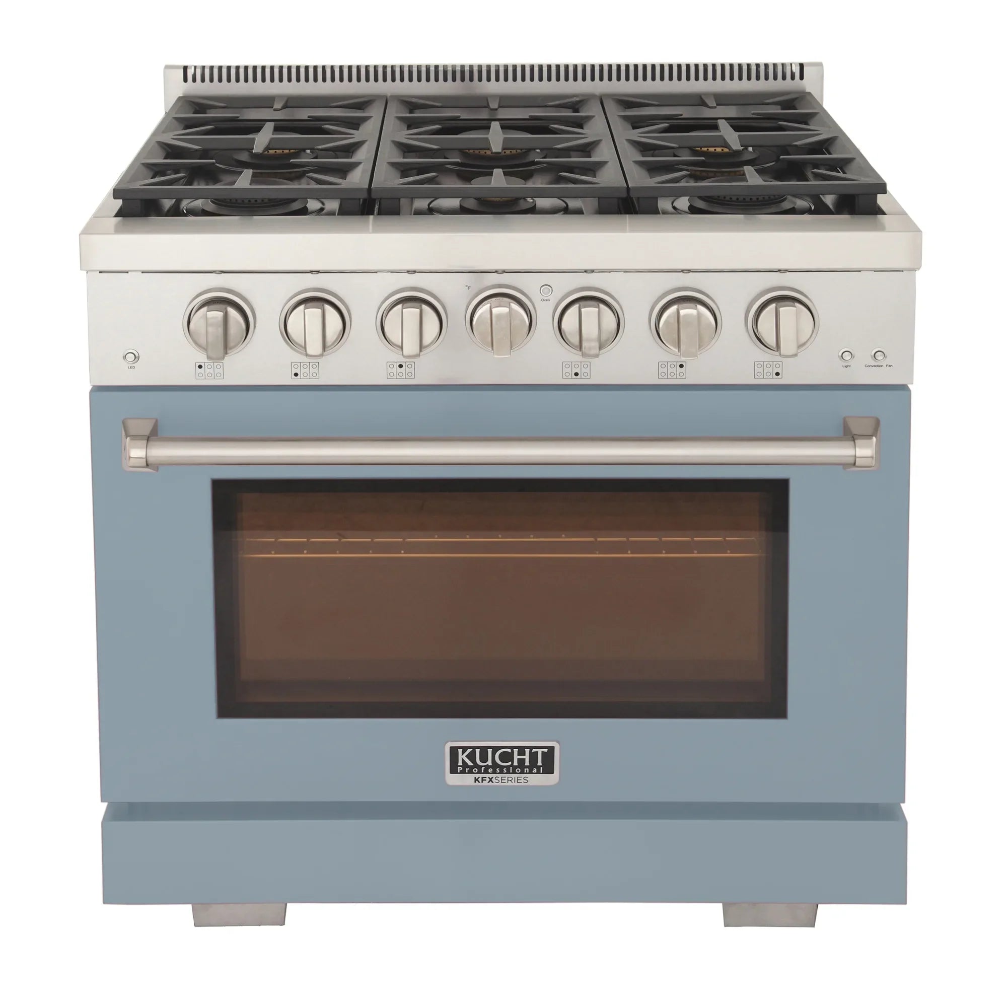 Light blue propane gas range with black grates and control knobs on stainless top