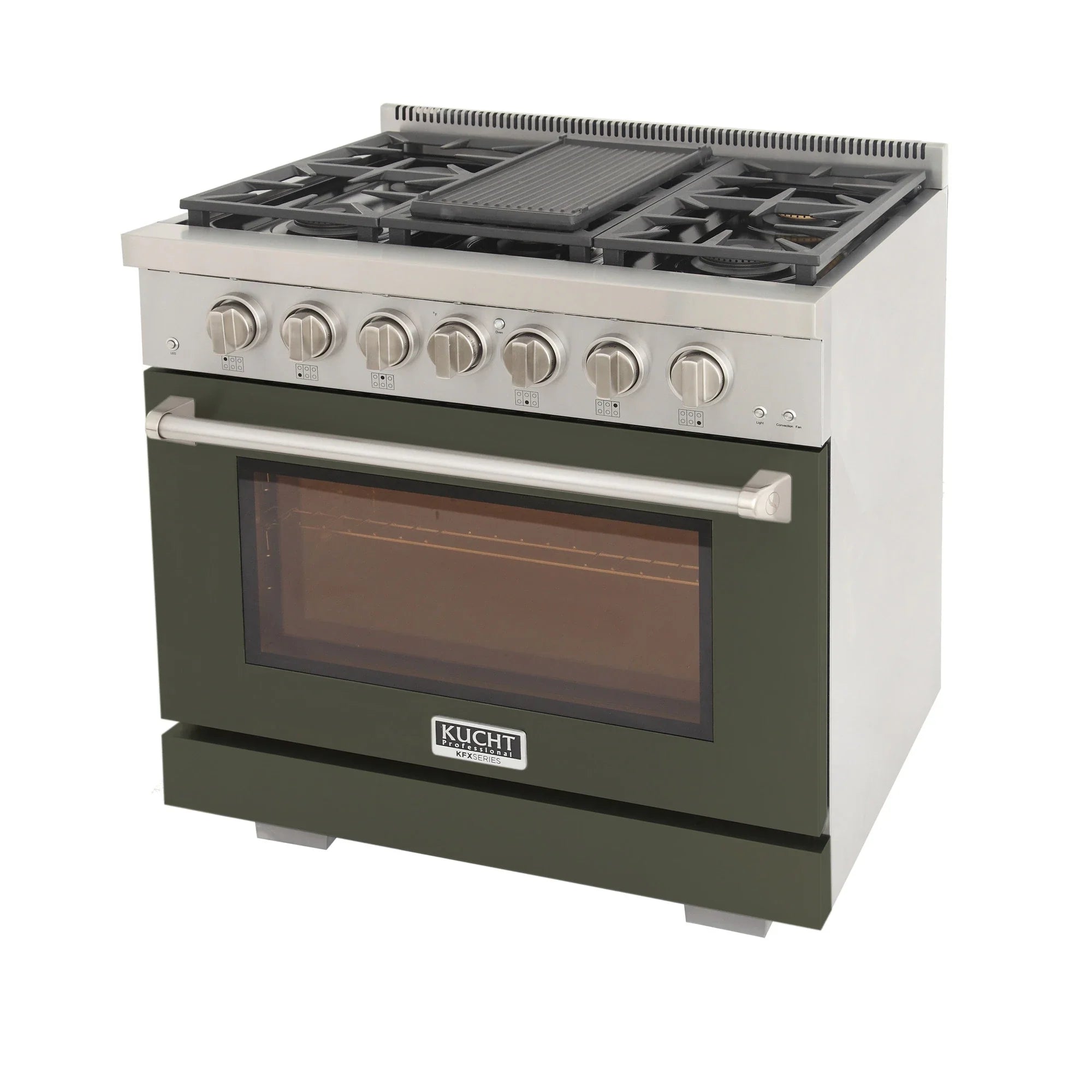 Olive green propane gas range with stainless cooktop, burners, and glass oven door