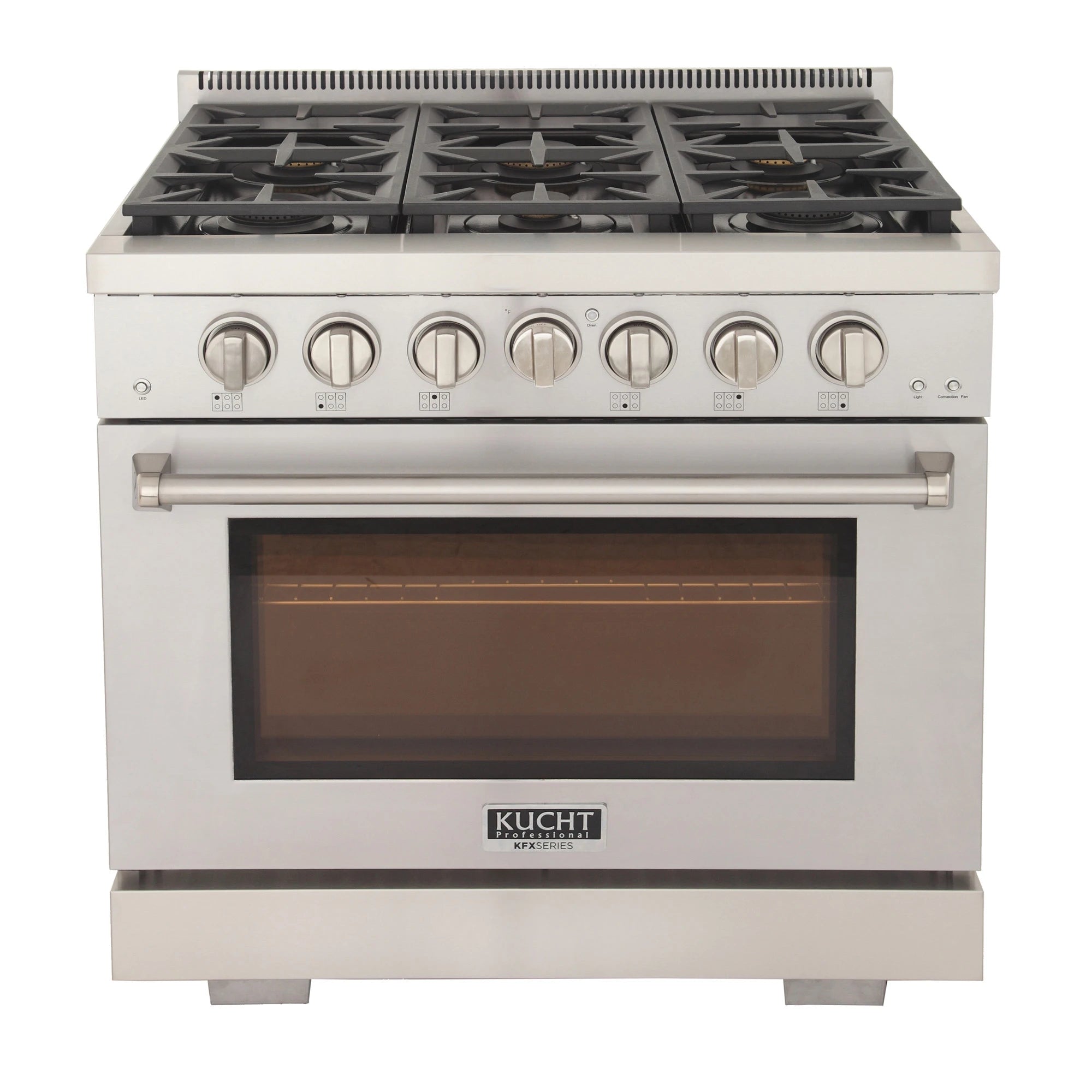 Stainless steel gas range with black grates, control knobs, and oven window
