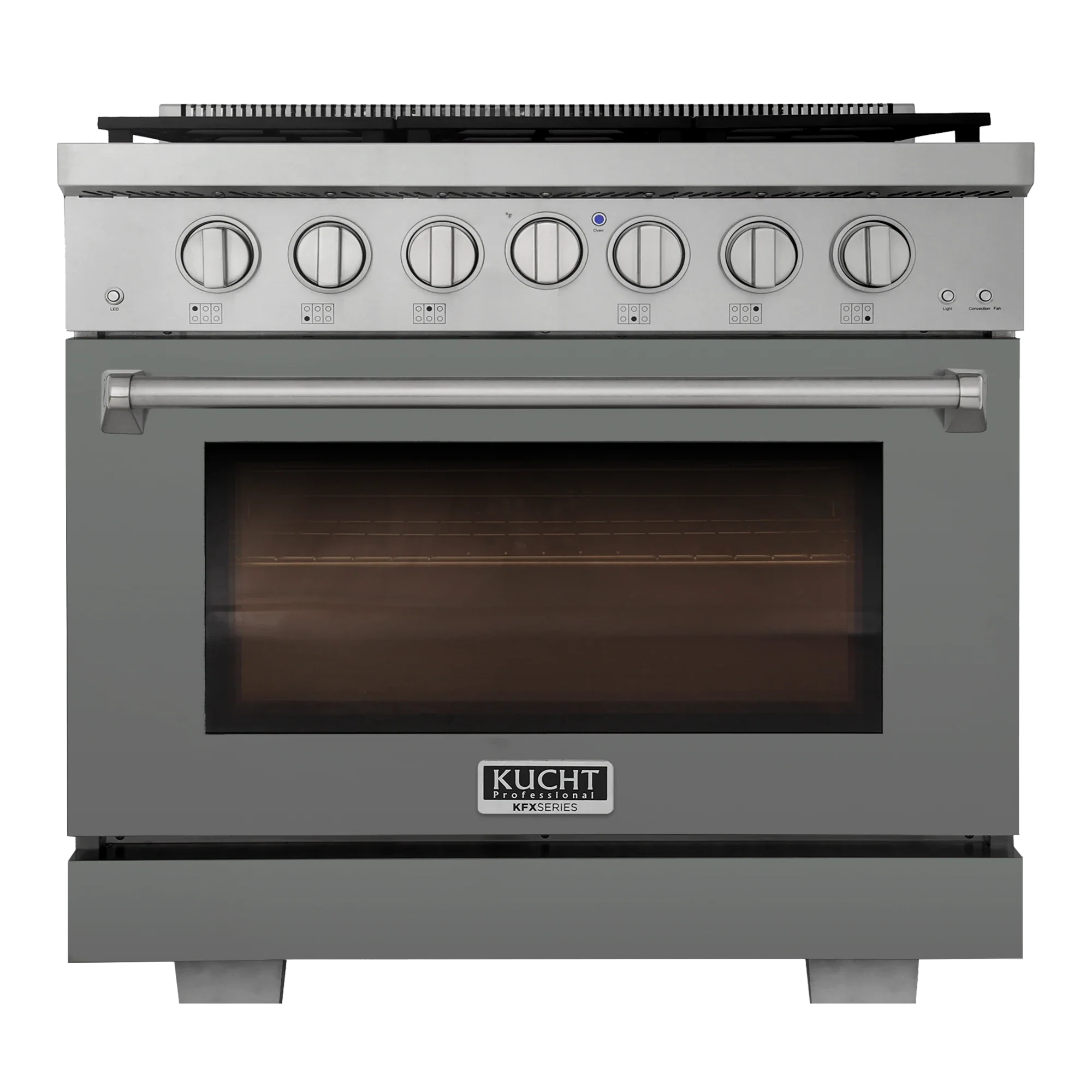 Kucht propane gas range in cement gray with oven door window and control knobs